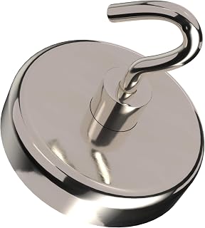 Master Magnetics Neodymium Retaining Magnet with Hook - Strong Magnets for Hanging Lights, Signs, and More - Nickel-Plated - 150 lb Hold - 1.65" D - 2.18" H