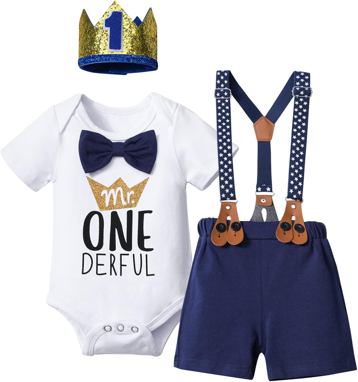 DONWEN Baby Boy First Birthday Outfit Mr Onederful Bowtie Romper + Suspender Shorts+ Party Hat Cake Smash Outfits