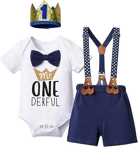 DONWEN Traje de primer cumpleaños para bebé niño Mr Onederful con corbatín + pantalones cortos con tirantes + sombrero de fiesta