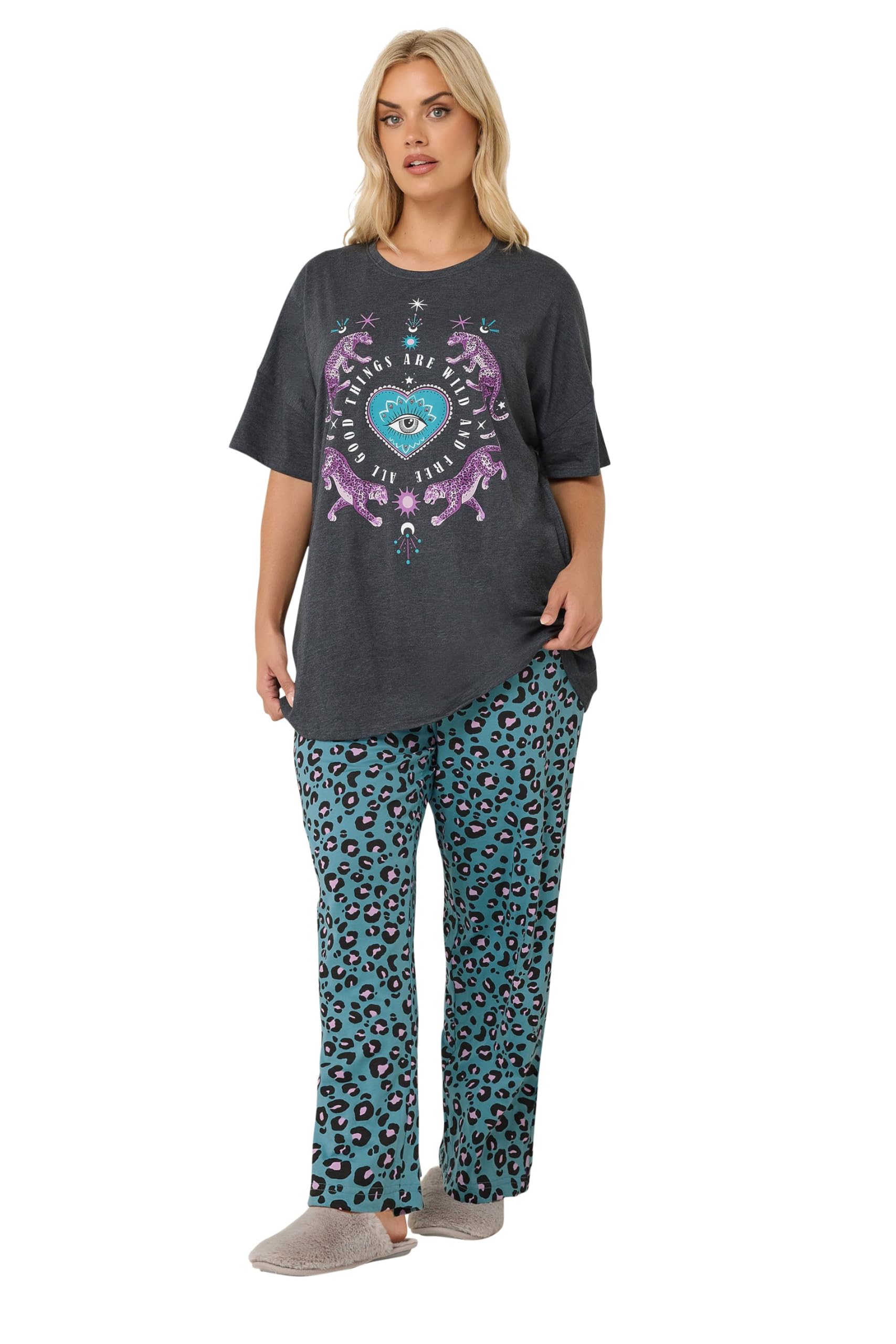 Yours Women's Multi Leopard Wide Leg Pyjama Set Size 30-32