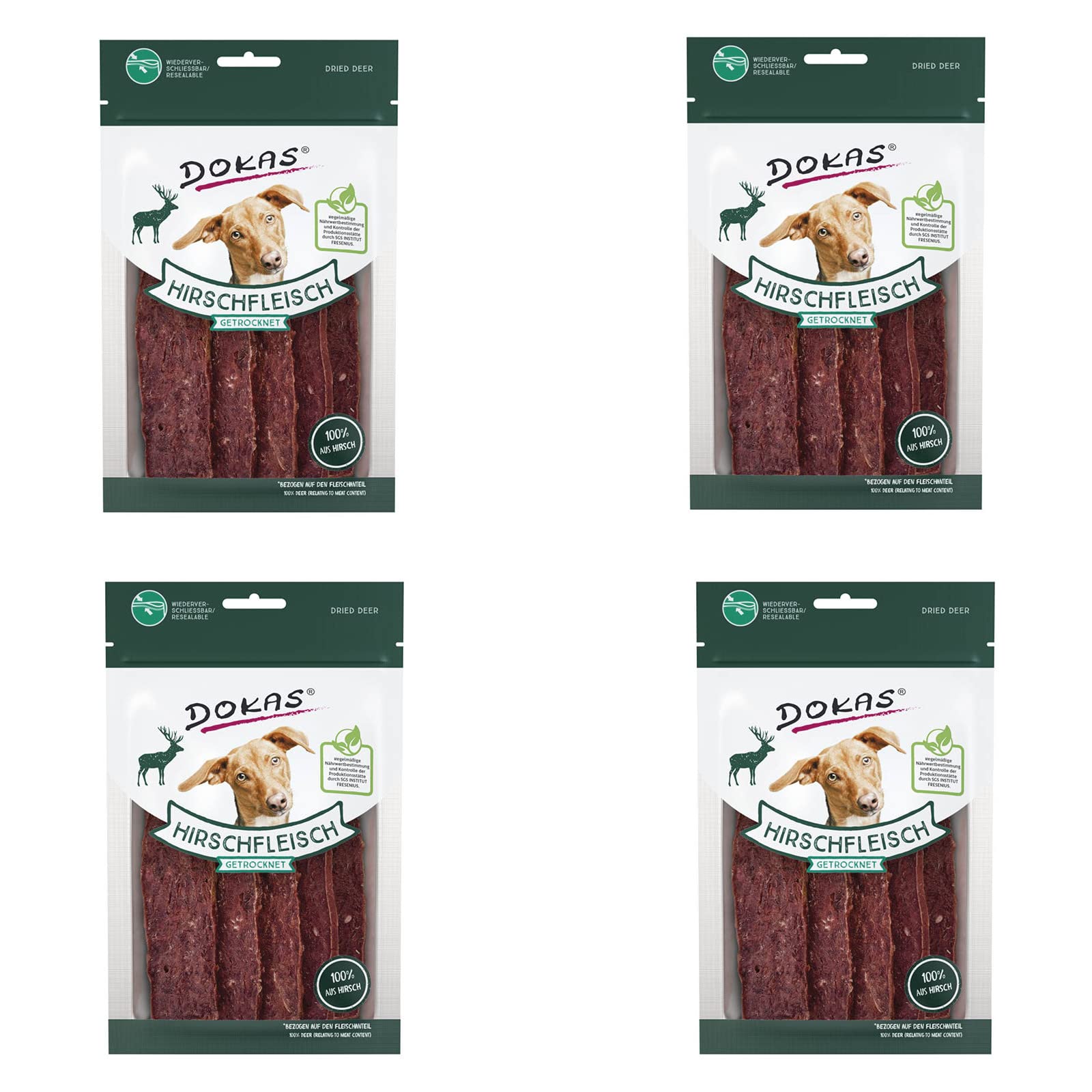 Dokas Suszone mięso jelenia dla psa, 4 sztuki, 4 x 60 g, karma uzupełniająca dla psów, idealna przekąska dla psów na czas bez przerwy, pyszna nagroda, suszona na powietrzu
