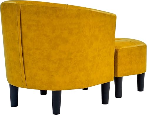 Miniatura 9 de Silla de barril de cuero con juego otomano, sillas decorativas de piel sintética con diseño otomano y centro copetudo, moderno sillón tapizado con