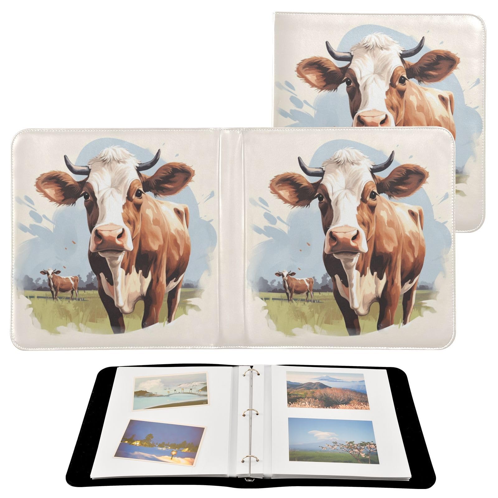 JIPONI Cute Cows Large Photo Album, DIY Leather Cover Scrapbook Albums for 4x6 5x7 6x8 Pictures, Self Adhesive Memory Book for Wedding, Baby, Family