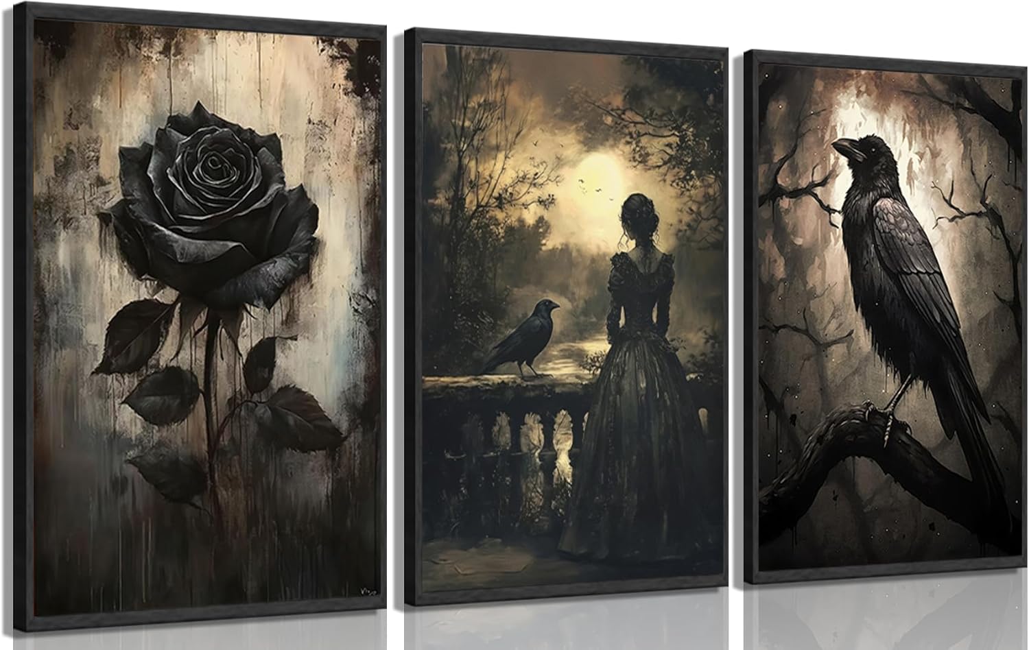 3Pcs Gothic Canvas Wall Art Black Rose Posters Prints Dark College Style Wall Decor Woman And Crow Pictures Halloween Painting for living room dormitory home Decoration 16x24in