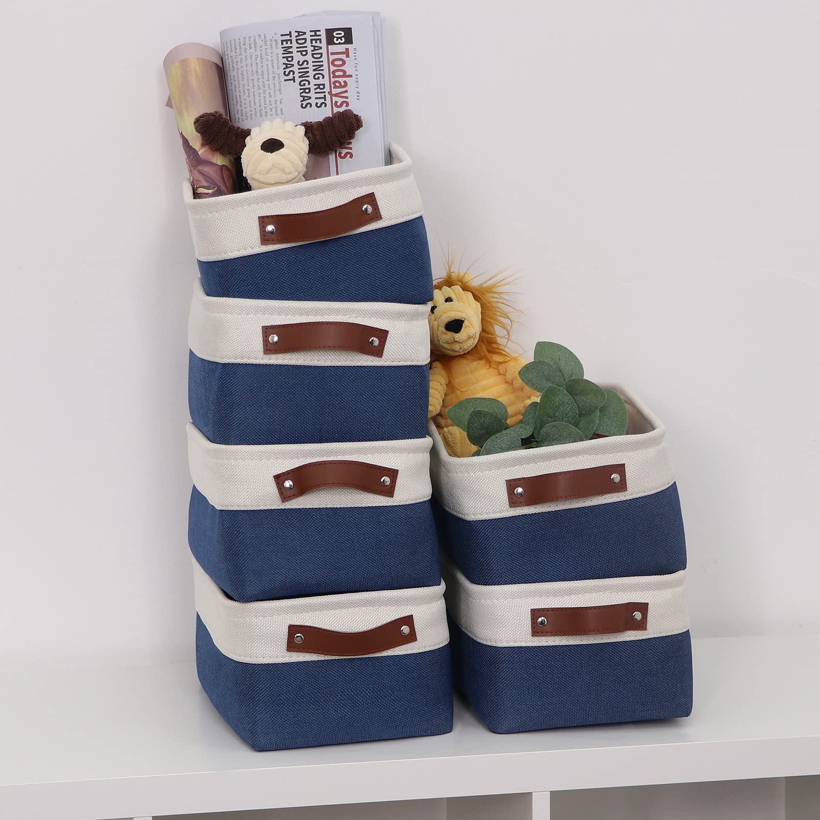 HNZIGE Fabric Storage Baskets 3-Pack - Foldable Organizer With Leather Handles