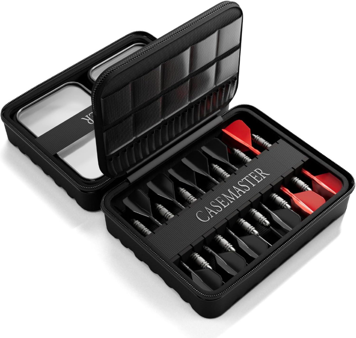 Casemaster Maxx 4 Dart Case, Holds 12 Steel Tip or Soft Tip Darts Fully Assembled, Hard Shell EVA Darts Case, 20 Accessory Pockets, Black