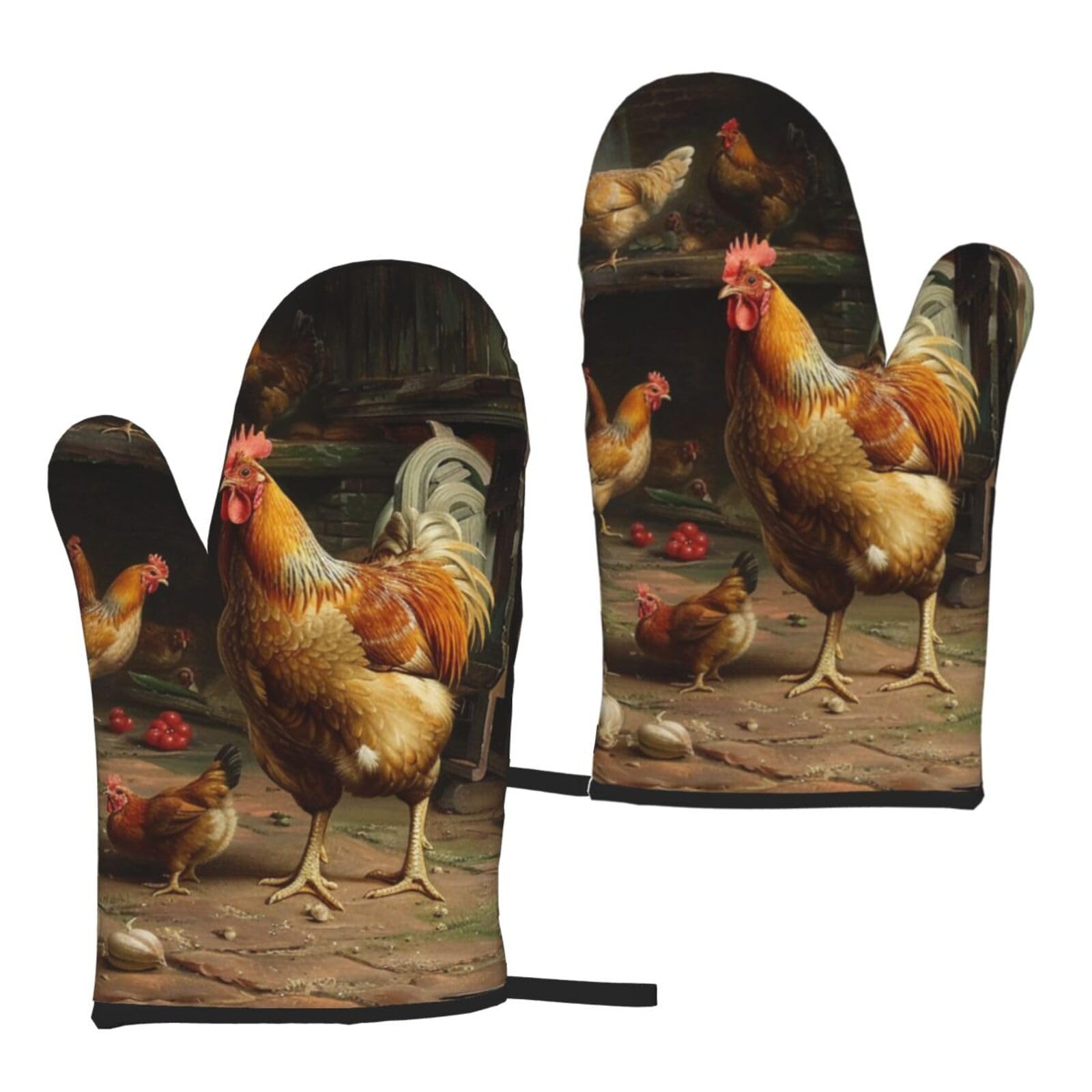 Roast Chicken Hen Farm Printed Oven Mitts 2-Piece Set - Heat Resistant Oven Gloves for Kitchen & Outdoor Cooking Baking