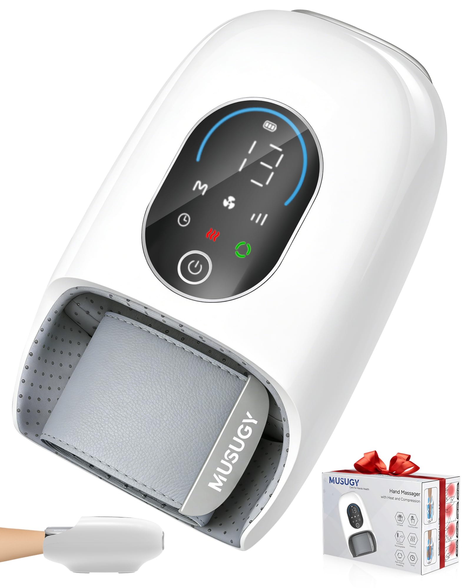 Musugy Hand Massager with Heat and Compression : Full Hand and Wrist Comfort Massage - 6 Modes & 6 Intensity with Touchscreen Control - for Daily