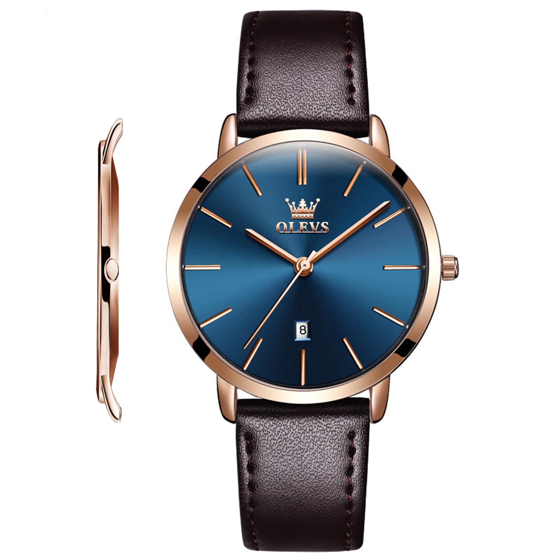 OLEVS Damen-Armbanduhr, 6,5 mm, minimalistisches Design mit Lederband, Datumsanzeige, 30 m wasserdicht, Quarz, ultradünn, Business-Armbanduhr