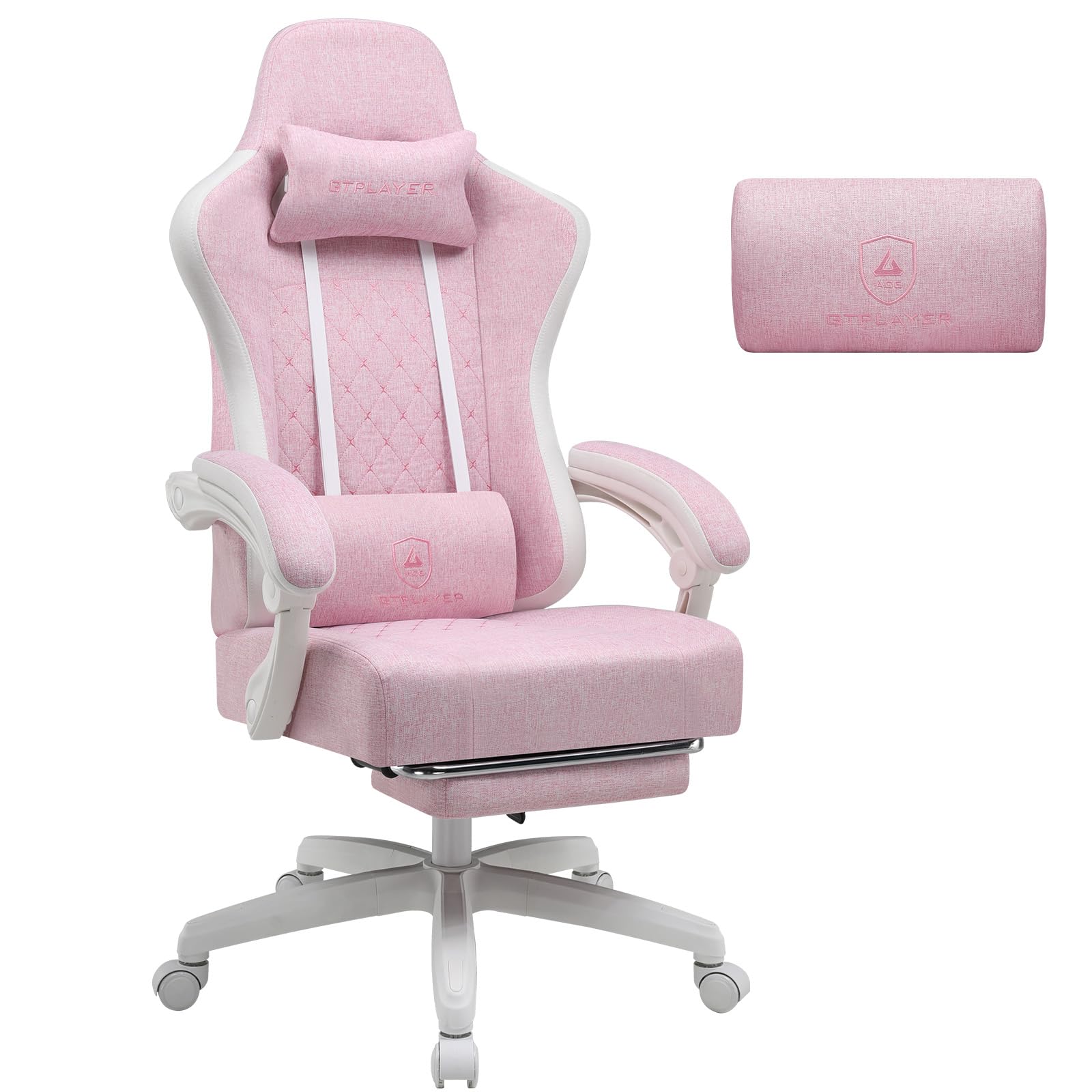 GTPLAYER Silla de Gaming de Tela, sillón para Videojuegos con cojÃn de muelles ensacados, Silla giratoria ergonómica, Silla Gamer con reposapiés, Capacidad de Carga de 150 kg, Color Rosa y Blanco