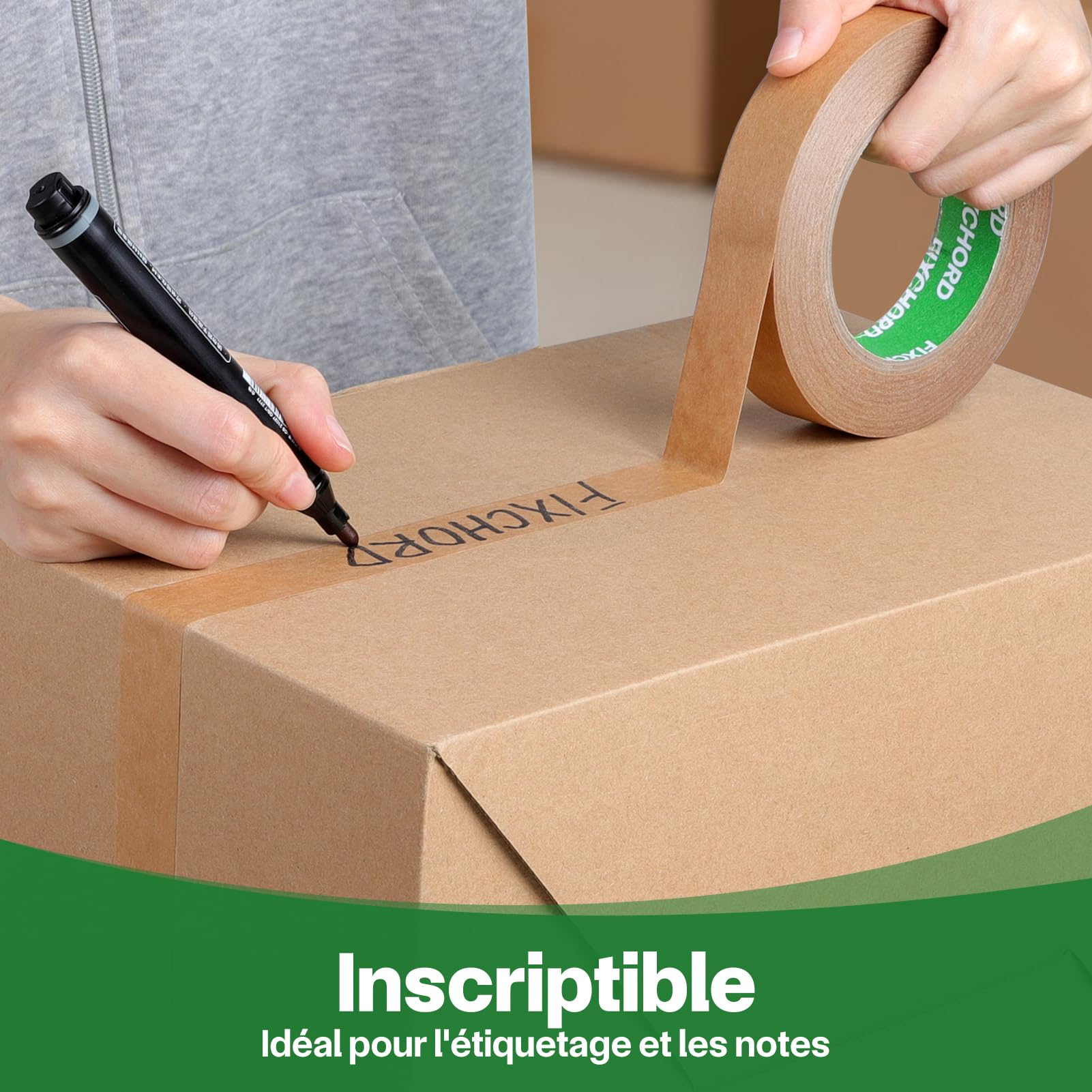 Ruban D'emballage en Papier 24mm x 50m | Recyclable, Inscriptible et imperméable | Ruban Adhésif Papier Kraft pour emballer des colis et des boîtes, déménager | 6 Rouleaux