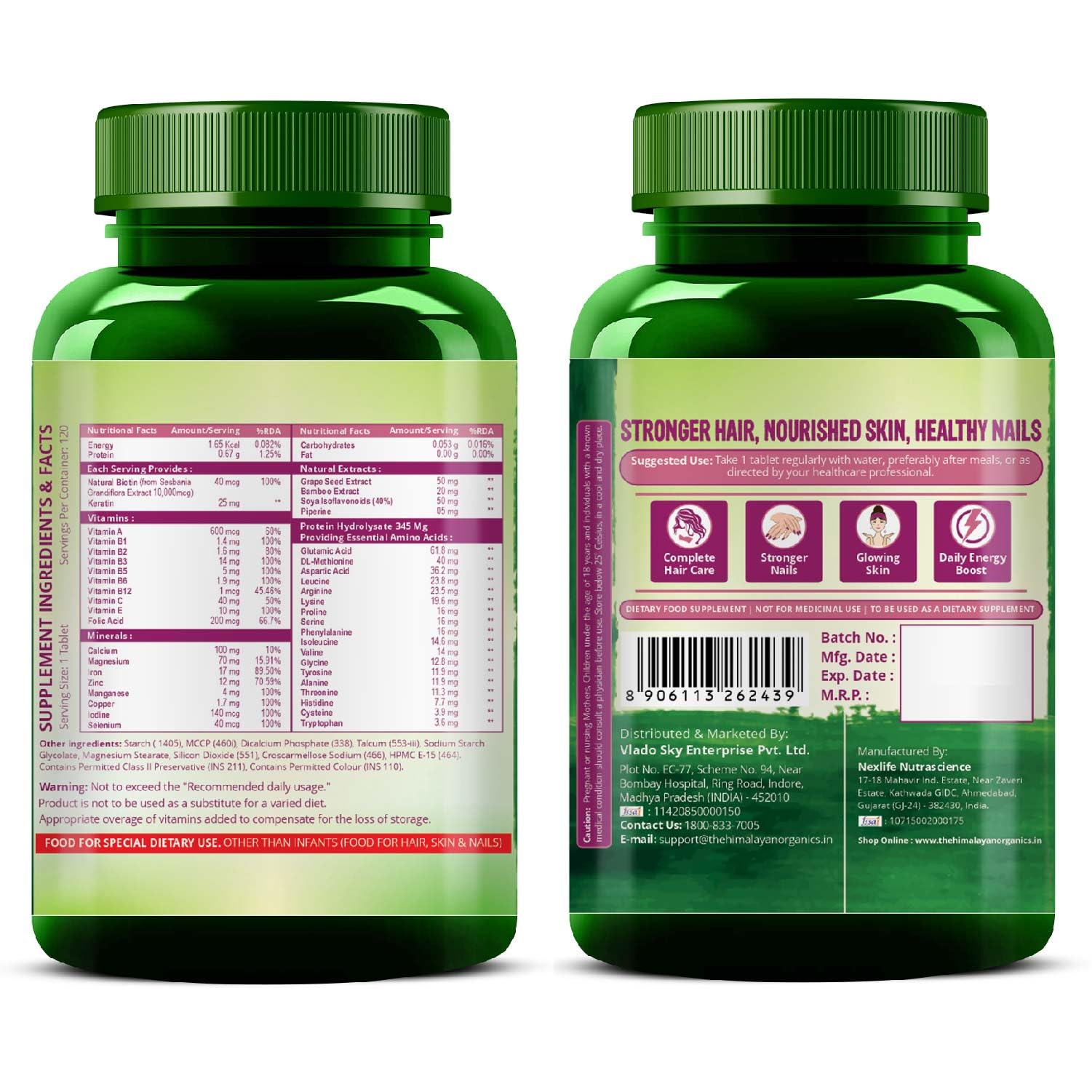 Vlado’s Himalayan Organic Biotin 10000 MCG Supplement For Men And Women With Keratin+Amino Acids+Multivitamin For Healthy Hair, Skin & Nails -120 Vegetarian Tablets - Image 8 thumbnail