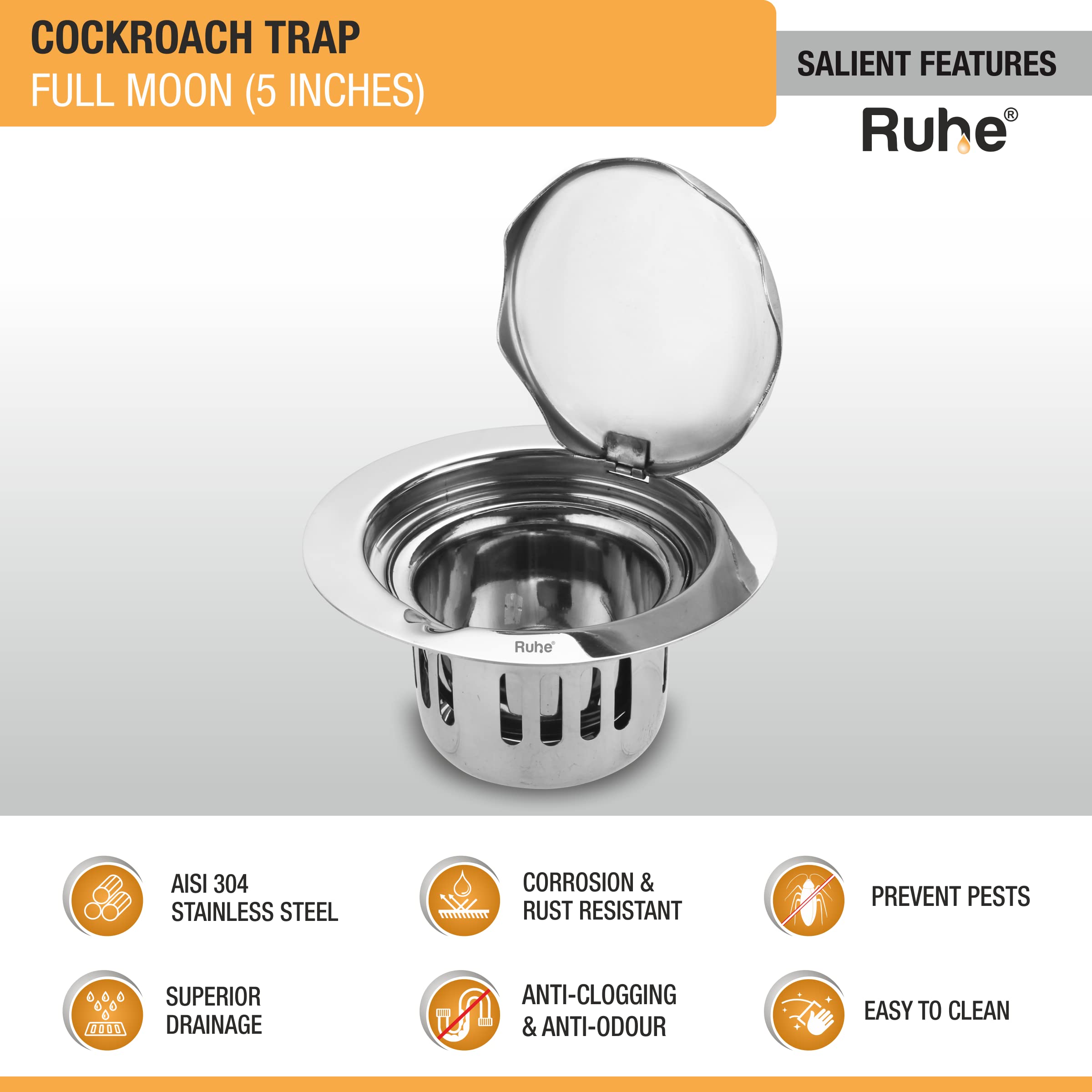Ruhe® Full Moon Round Floor Drain | 304-Grade Stainless Steel Floor Drain with Cockroach Trap/Jali 5 Inches — Amazon image 2