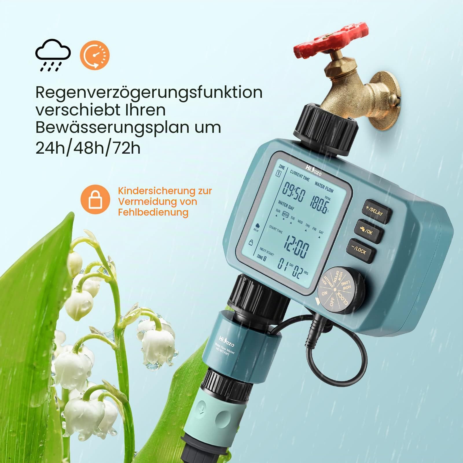 Bewässerungscomputer, mit Wasser durchflussmesser, 3 Zeitplänen, Automatische/Manuell Bewässerungssteuerung, Regenverzögerung, Wasserdurchflussmesser, HO-WT-1