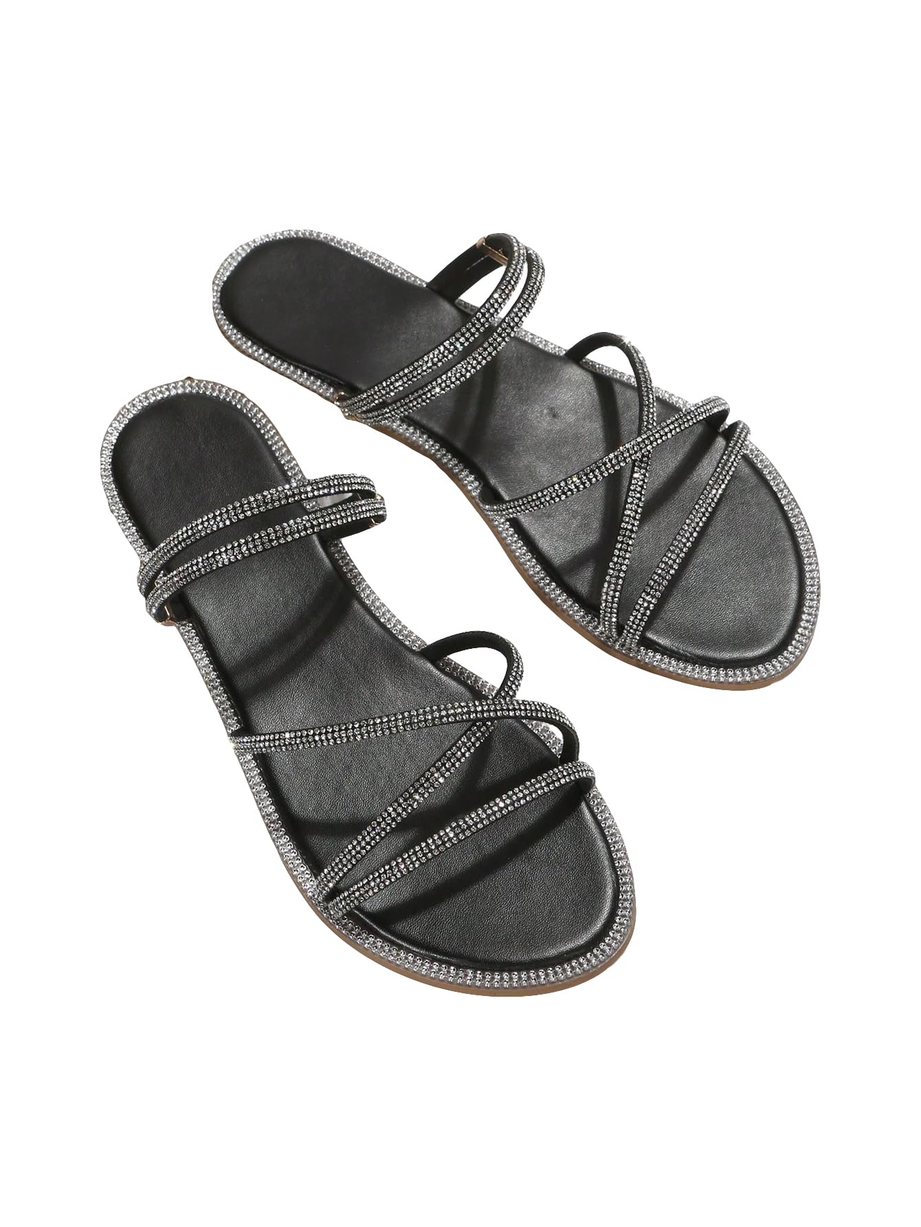 OYOANGLE Women's Rhinestone Strappy Open Toe Slide Sandals Slip on Casual Flat Sandals