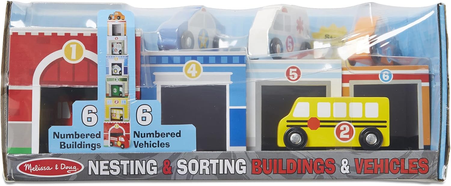 Melissa & Doug﻿ Nesting & Sorting Buildings & Vehicles: Activity Kit Bundle with 1 Theme Compatible M&D Scratch Fun Mini-Pad (03576)