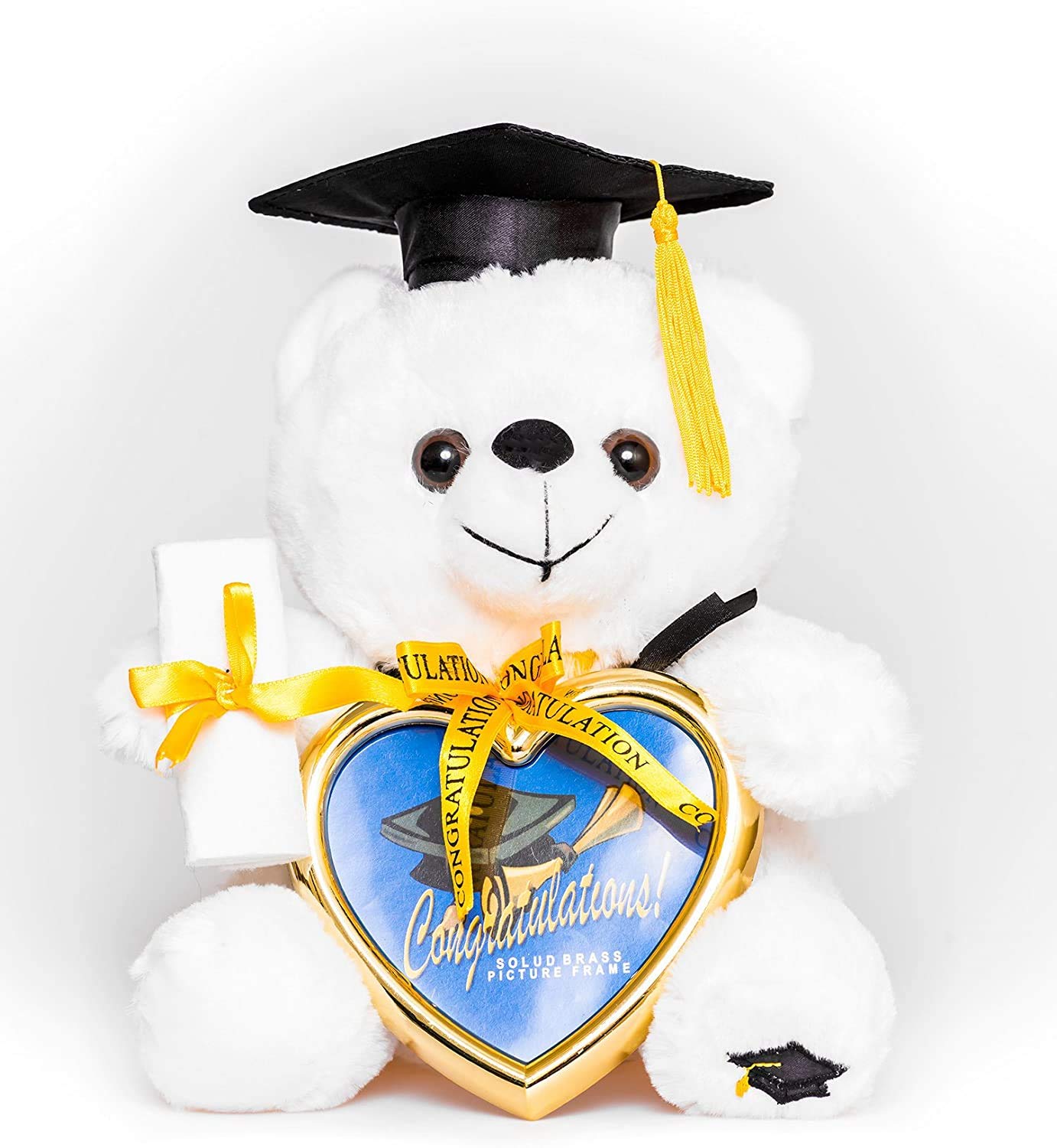 YMCtoys 🎓 Graduation Plush 8" Teddy Bear Black Cap and Diploma in Hand with A Heart Shaped Picture Frame