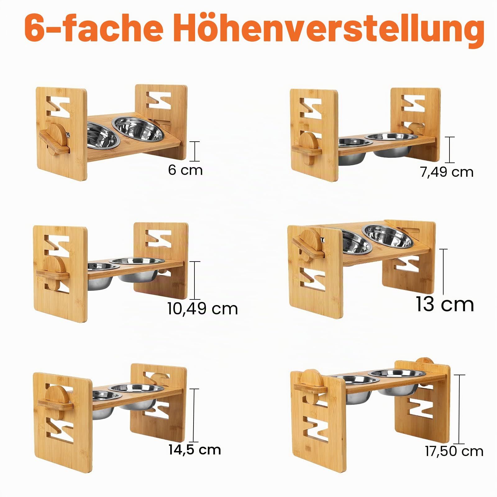 Erhöhte Hundenäpfe verstellbar, erhöhter geneigter Futternapf für französische Bulldogge, abgeschrägter Futternapf für kleine und mittelgroße Hunde, Welpen, mit Bambusständer und 2 Edelstahlnäpfen