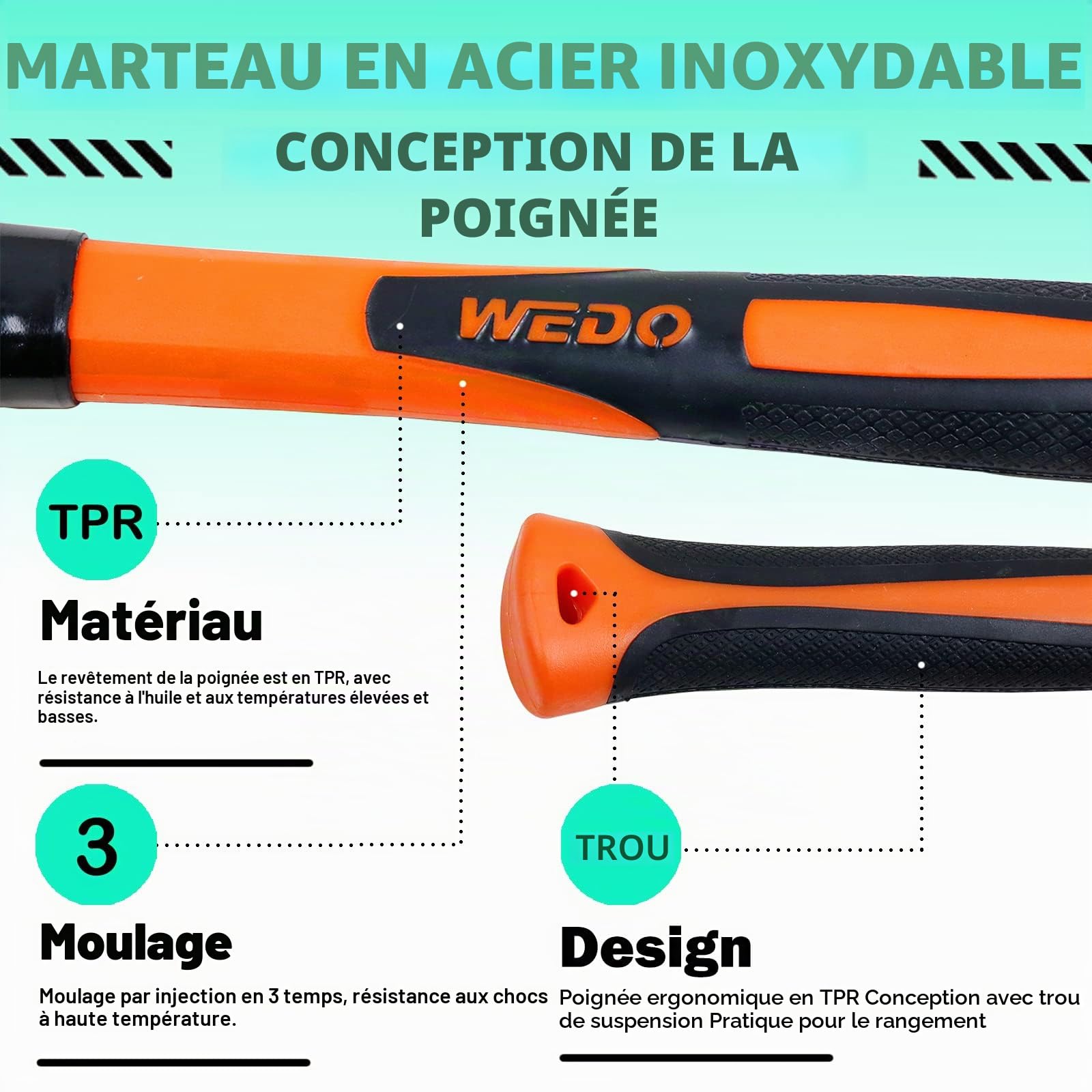 WEDO Marteau de soudeur pour professionnels - 150g,Marteau à piquer en acier inoxydable,Résistant à la Rouille,Manche en fibre de verre