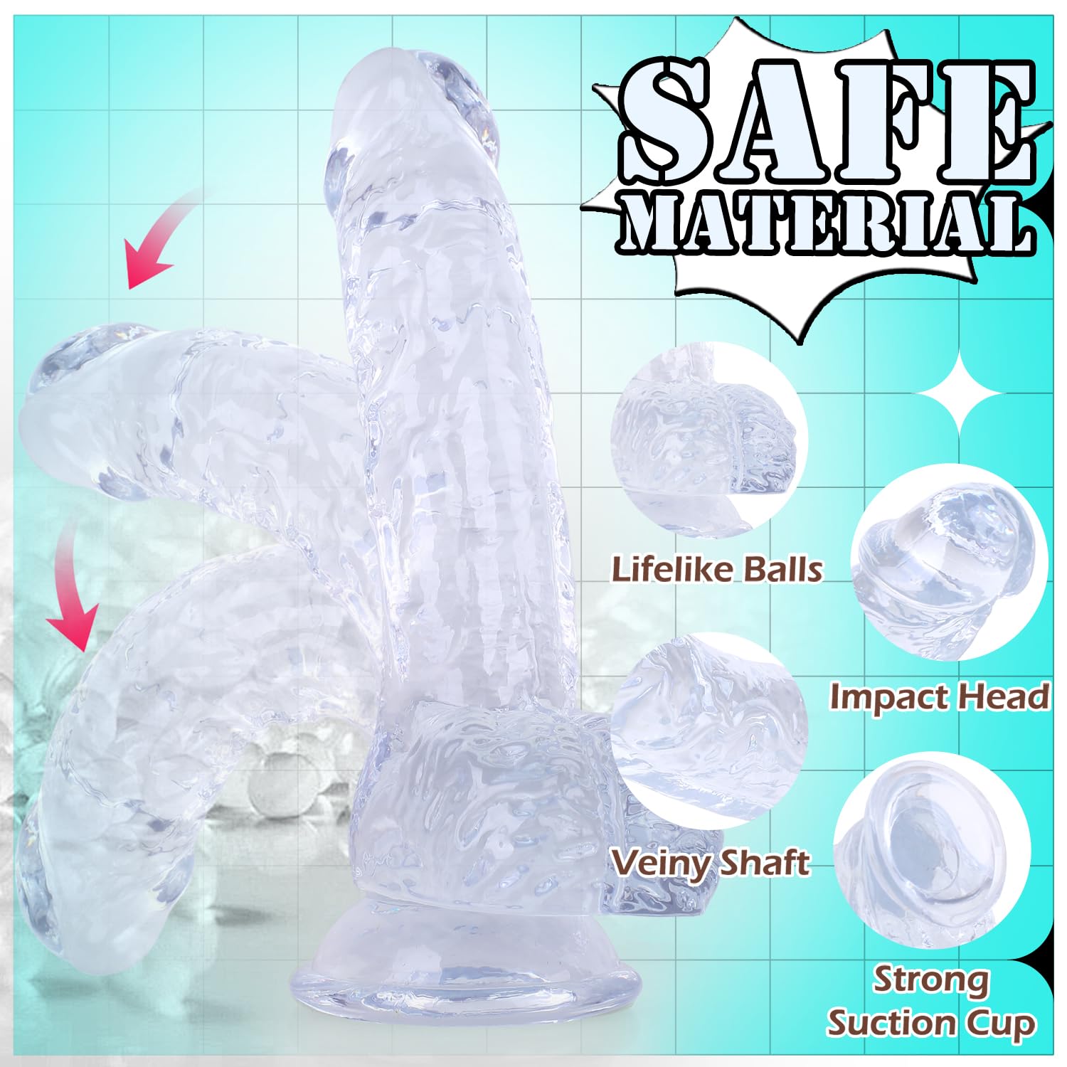 7 Inch Soft Dildo, Realistic Silicone Medium Anal Dildos Stimulation Vaginal G-Spot and Anal, Safe Material Lifelike Men Penis with Strong Suction Cup, Adult Sex Toys for Women/Beginner Sexual: Clear