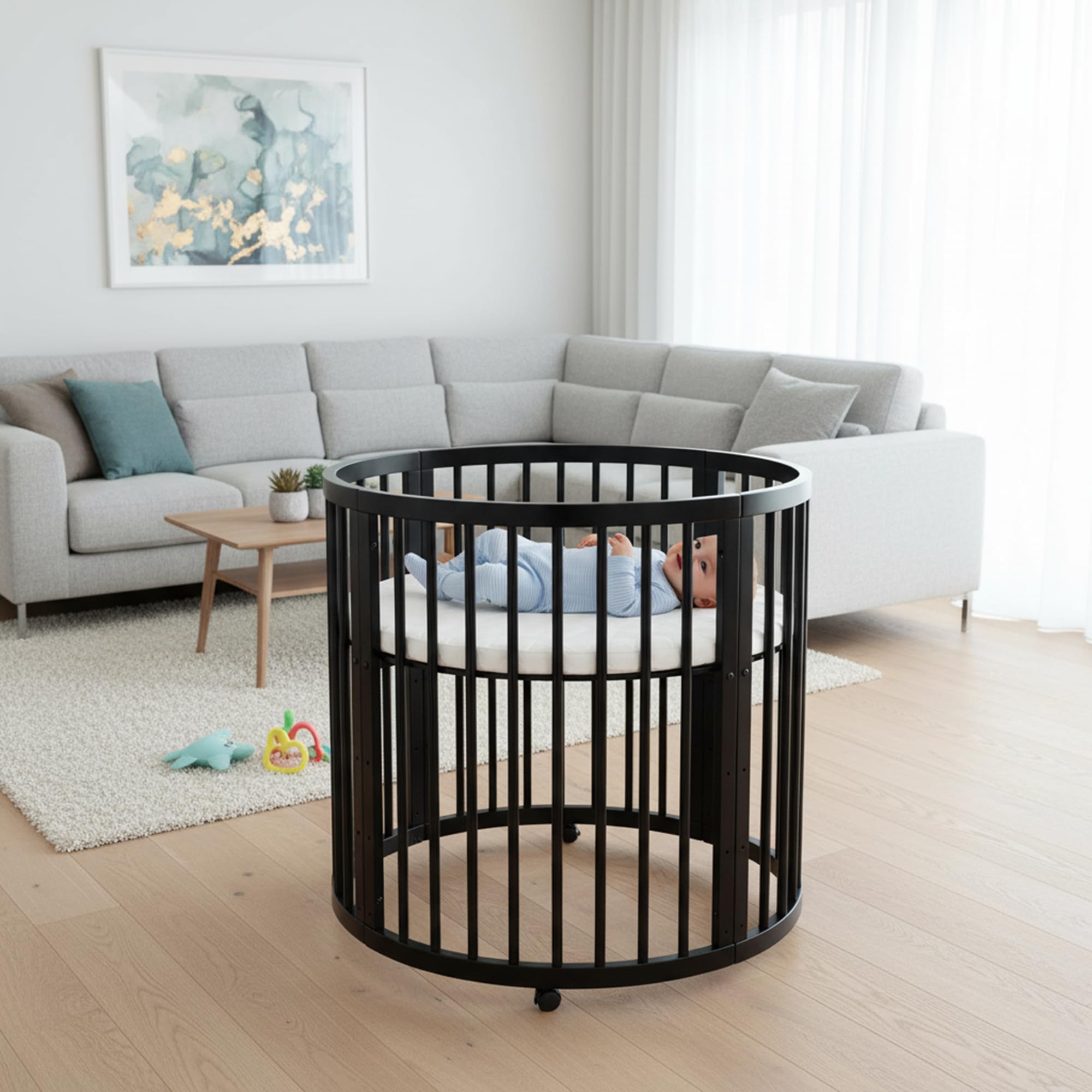 Deryan Willow Spielbox rund – Holz Laufstall für Babys – Inkl. Matratze – Schwarze Baby Playpen – Sicherer Indoor Spielplatz aus Holz - Schwarz