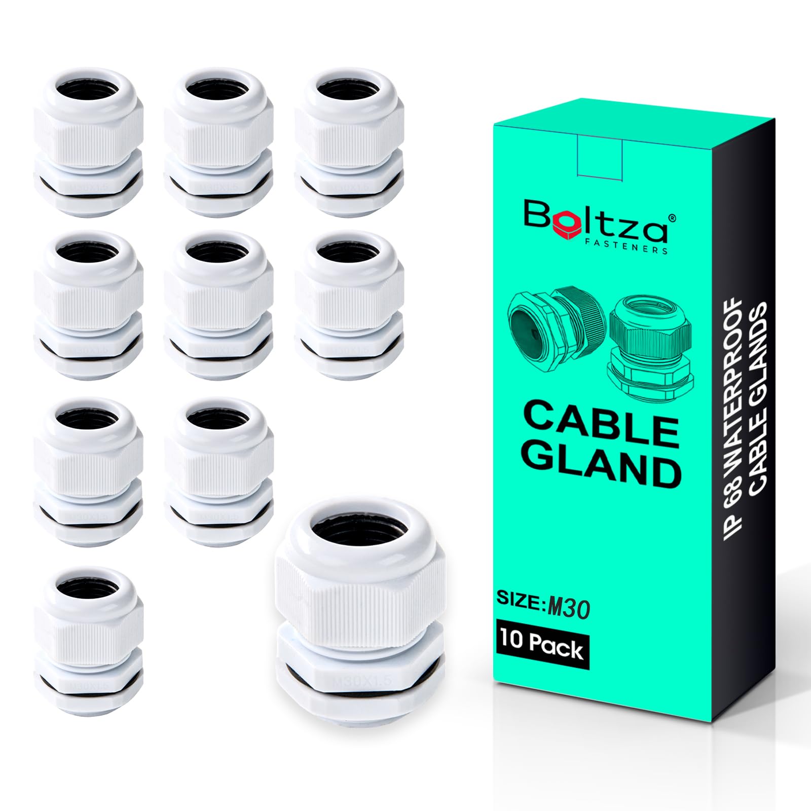 Boltza® White Nylon Cable Gland – IP68 Waterproof Cable Connector for Electrical Enclosures, Junction Boxes, Outdoor Use – Conduit Gland – 10 Pack (M30)
