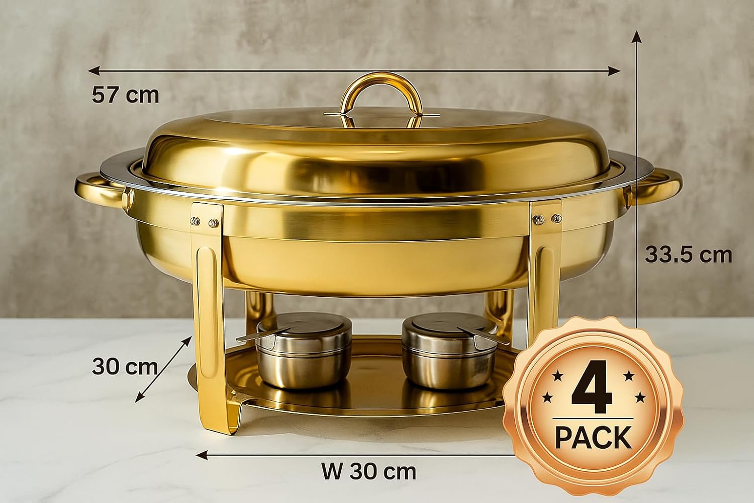 4 Pack Gold 6QT Oval Stainless Steel Chafing Dishes – Premium Buffet Warmer Set for Catering, Parties, Weddings, and Banquets