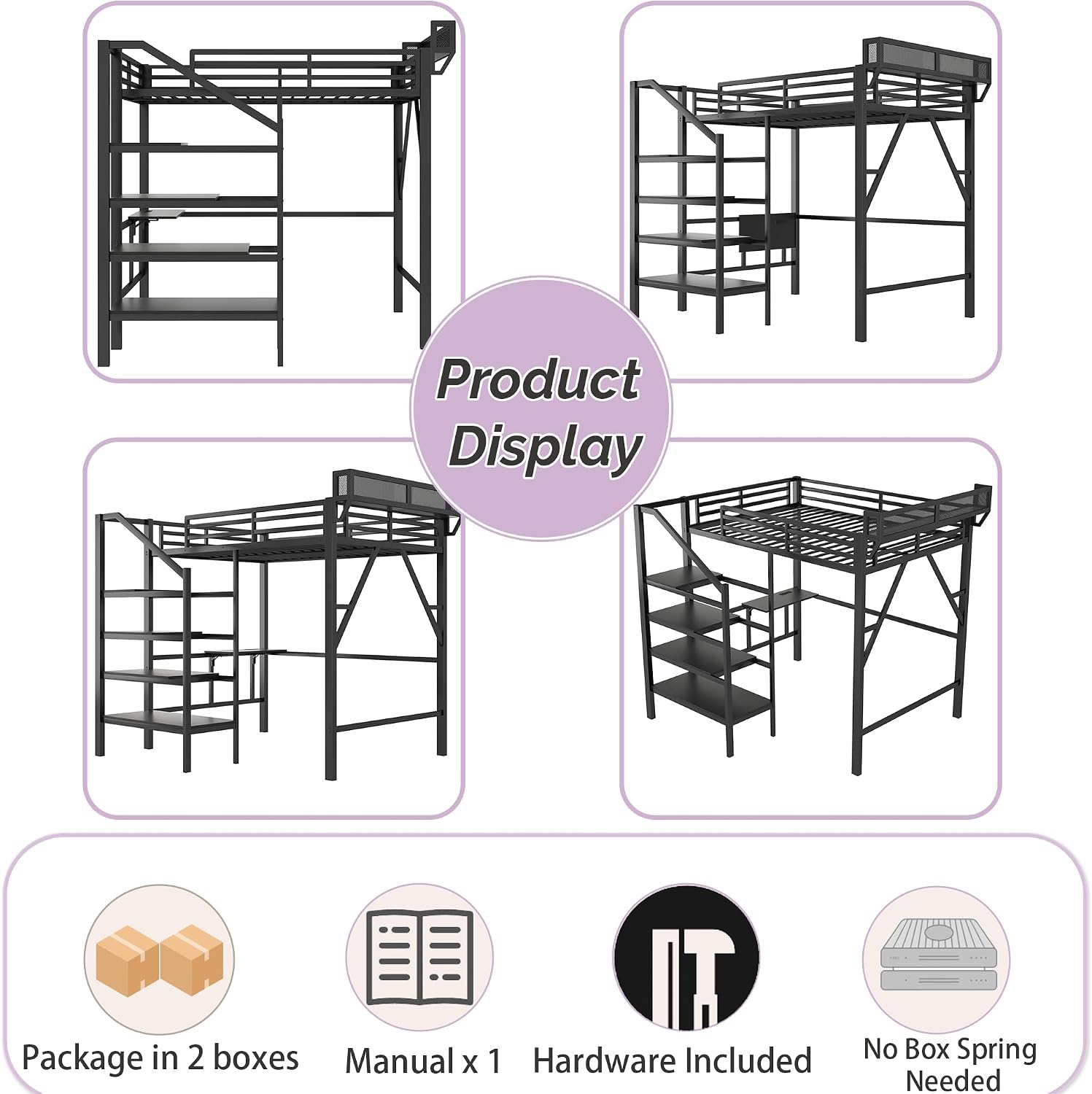 Queen Size Metal Loft Bed with Foldable Desk, Charging Station, LED Light Strip and Staircase Storage, Loft Bed Frame for Kids, Teens & Adults, Black