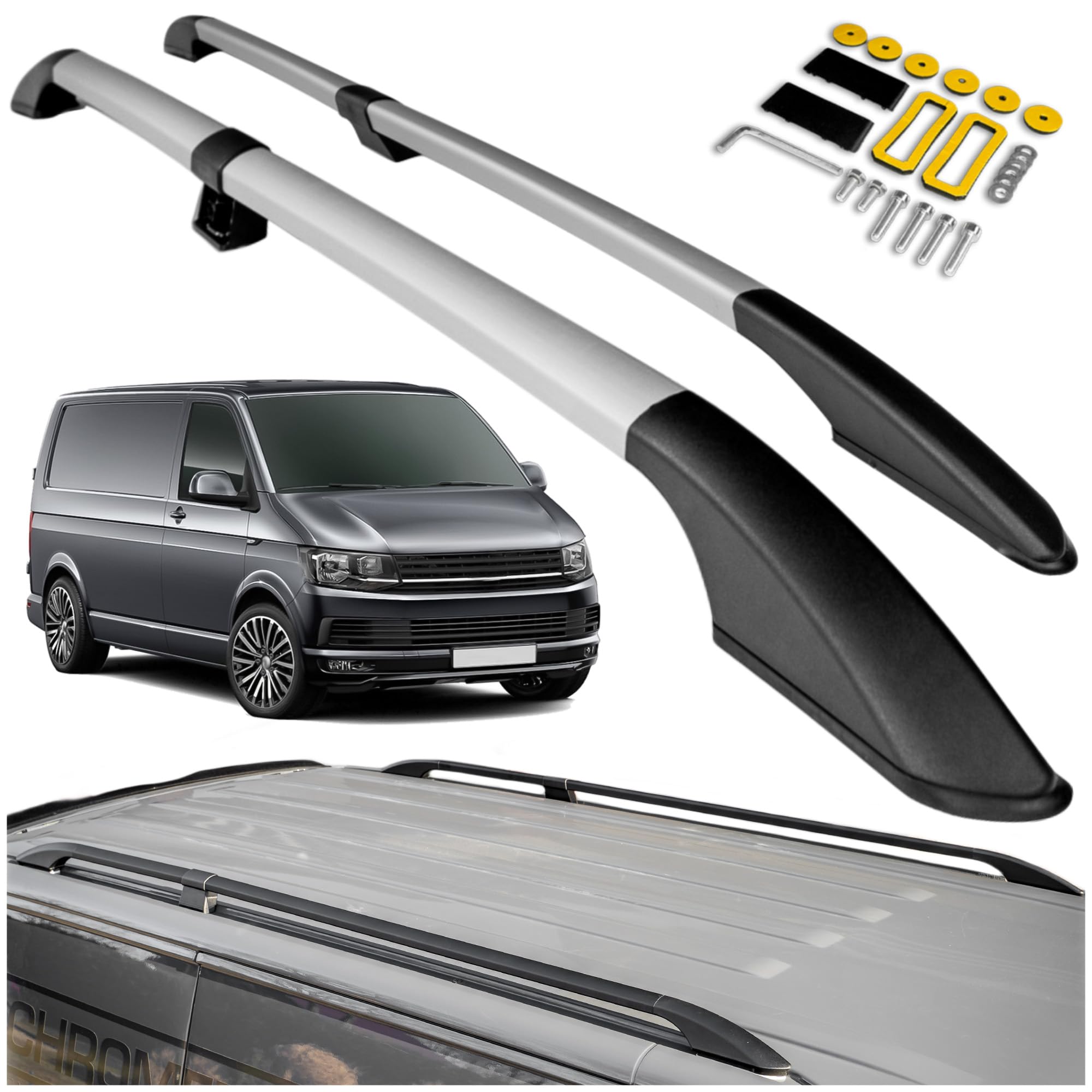 CHROMEMASTER | Compatible con VW T6 Transporter Short 2015-2019 | Barras Portaequipajes, Rieles de Techo; Se Utilizan para el Montaje de Portaequipajes de Techo, Cajas de Techo o Portabicicletas
