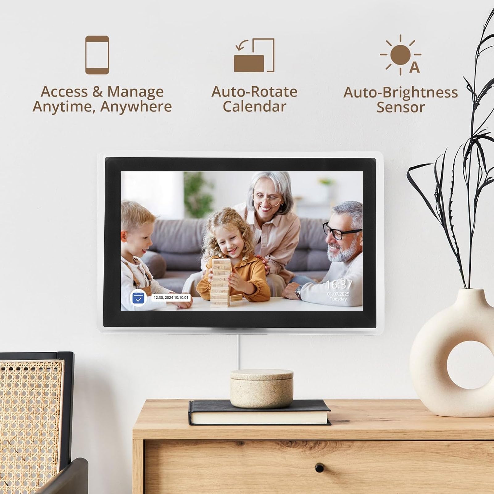 SENECESLI 15,6 Zoll WiFi Digitalkalender Aufgabendiagramm, Interaktives HD Touchscreen Display, Intelligenter Familienplaner, Digitaler Bilderrahmen (BLACK)