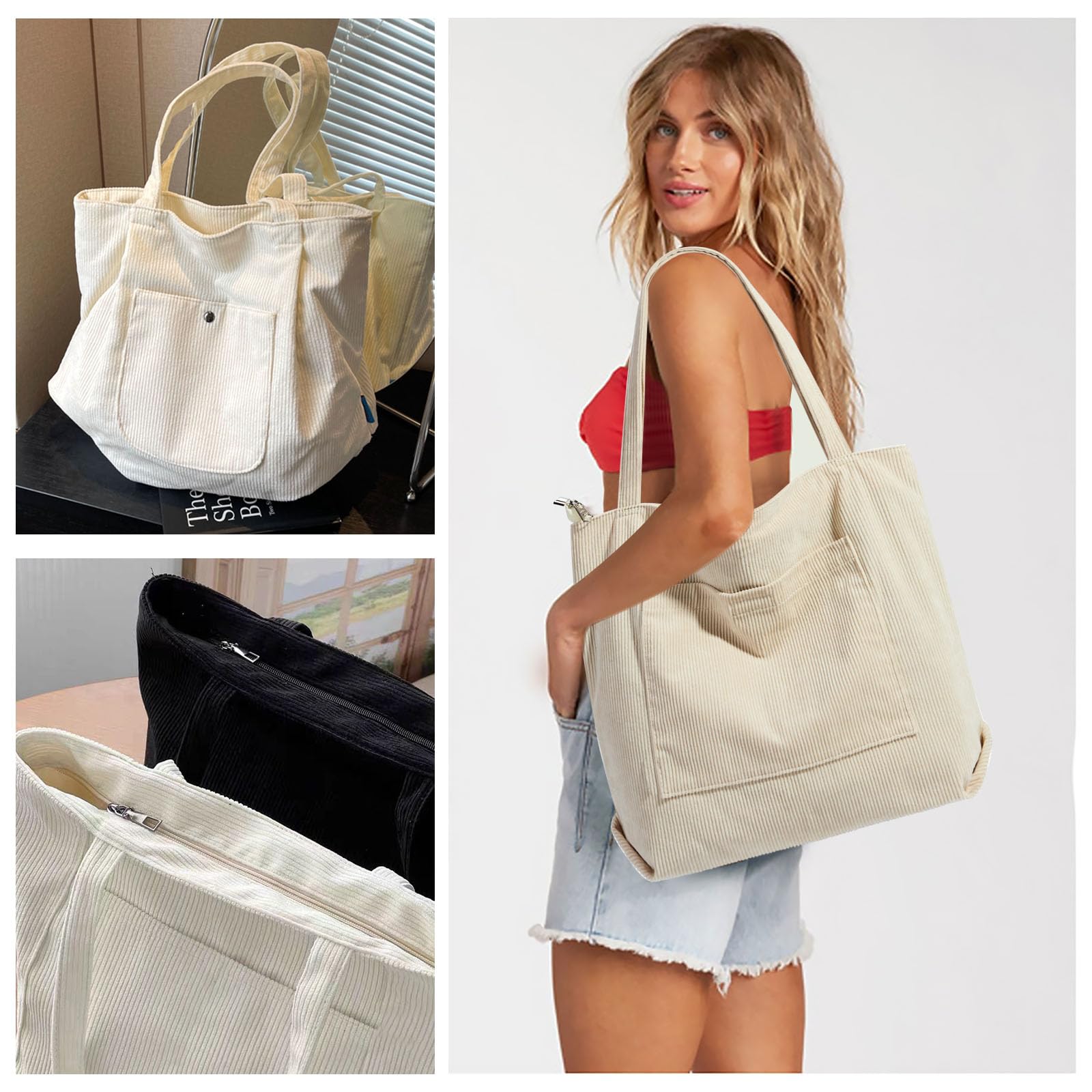 Tote Bag Sac Fourre Tout Femme Sac Cabas Femme en Velours Côtelé Sac Bandouliere Grand Sac a Main Femme Sac Cours Sacs de Courses Sac Tissu avec Fermeture Éclair et Poches