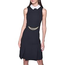 Karl Lagerfeld Women's Sleeveless Collared Chain Trim Waistband Scuba Crepe Sheath Dress