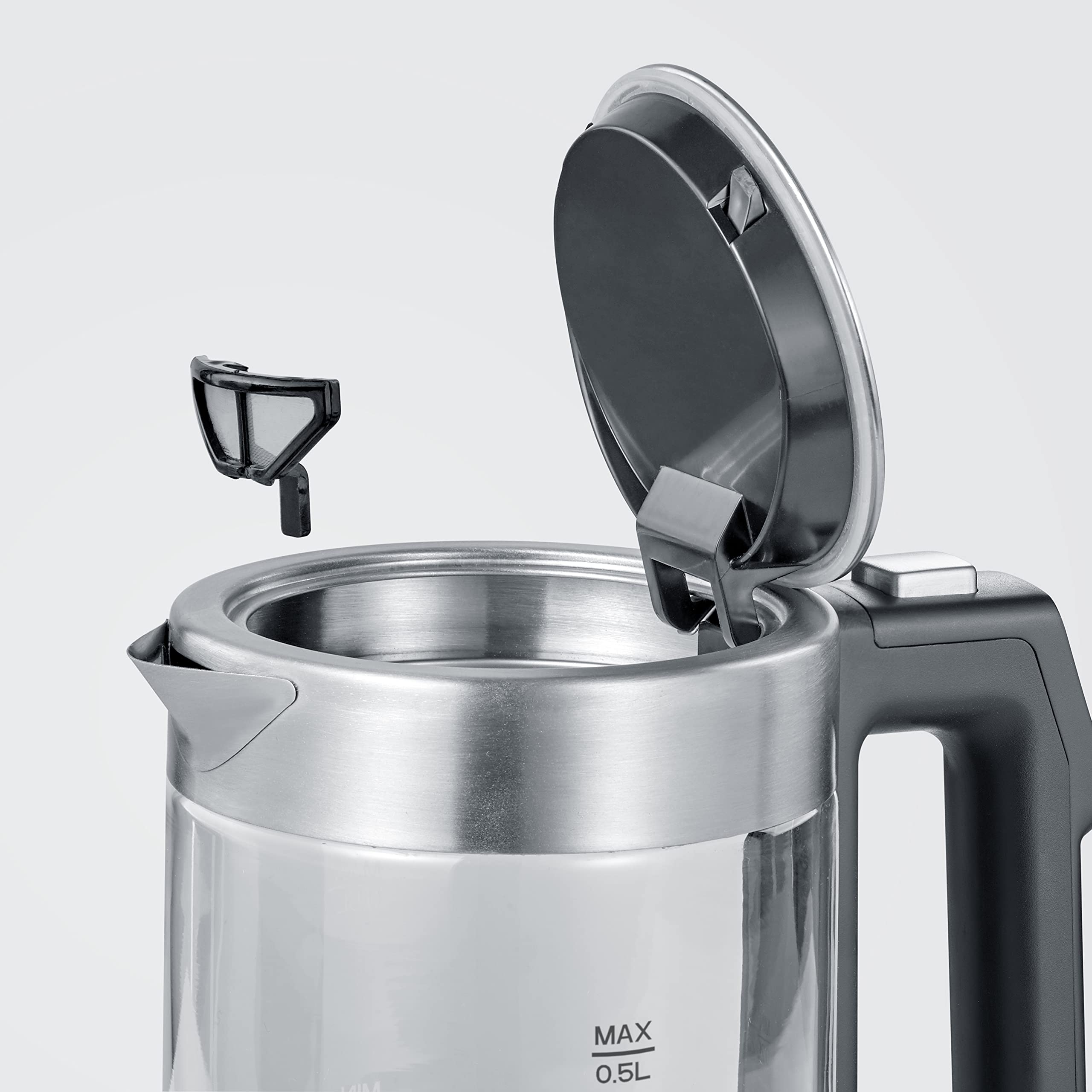 SEVERIN Bouilloire en verre 100% sans BPA, 1 100 W, Petite bouilloire réglable par palier de 5°C, Capacité : 0,5 L, Fonction Maintien au chaud, Bouilloire électrique compacte, verre/inox, WK 3458