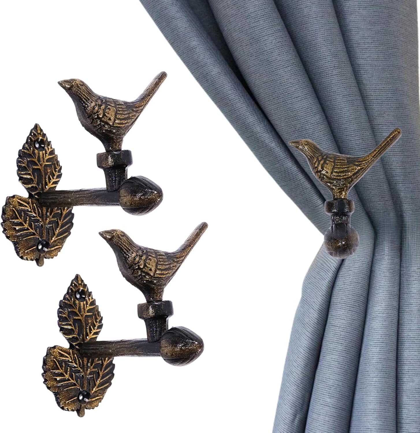 Bird Curtain Holdbacks Set of 2 – Rustic Metal Curtain Tiebacks for Wall Mount – Decorative Drapery Hold Back Hooks for Living Room, Bedroom, Office – Vintage Curtain Holder for Window