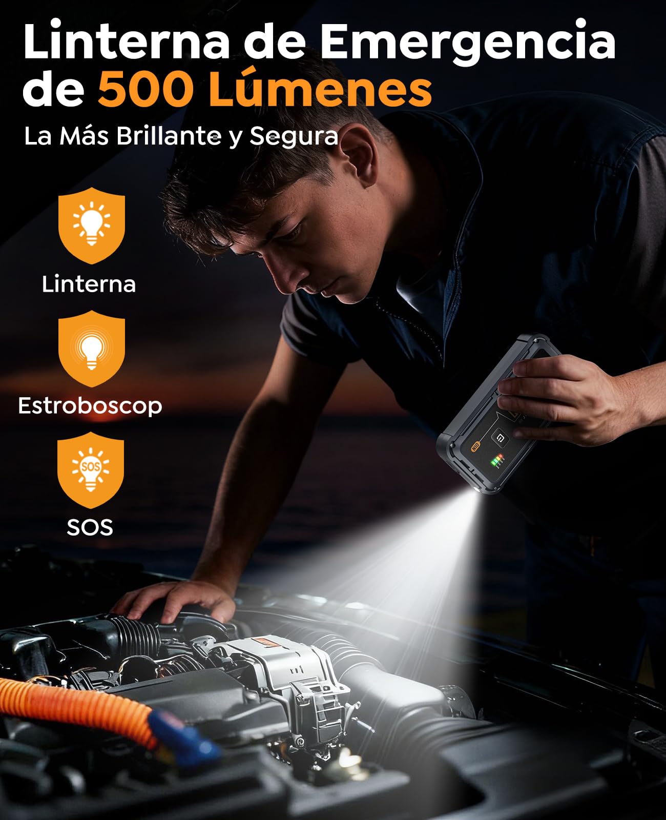 Arrancador de Coches, 5000A Arrancador de Baterias de Coche 12V (para 9.0L de Gasolina o 8.5L de Diésel), Jump Starter Portátil con Pinzas, Carga Rápida, Luz LED, Espera Larga, Compacto (5000A)