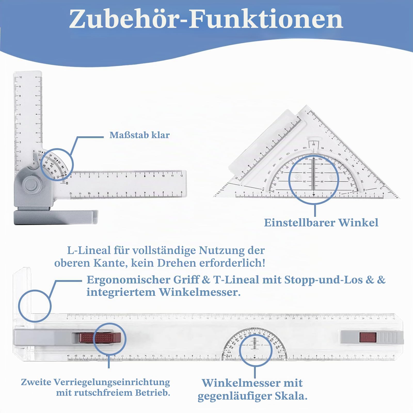 Zeichenbrett 51 x 37 cm, Zeichenplatte DIN A3, Multifunktionales Technisches Zeichnen mit Parallelbewegung und Verstellbarem Winkel, Zubehör für Architekten Ingenieure Lehrer Inklusive Tragetasche