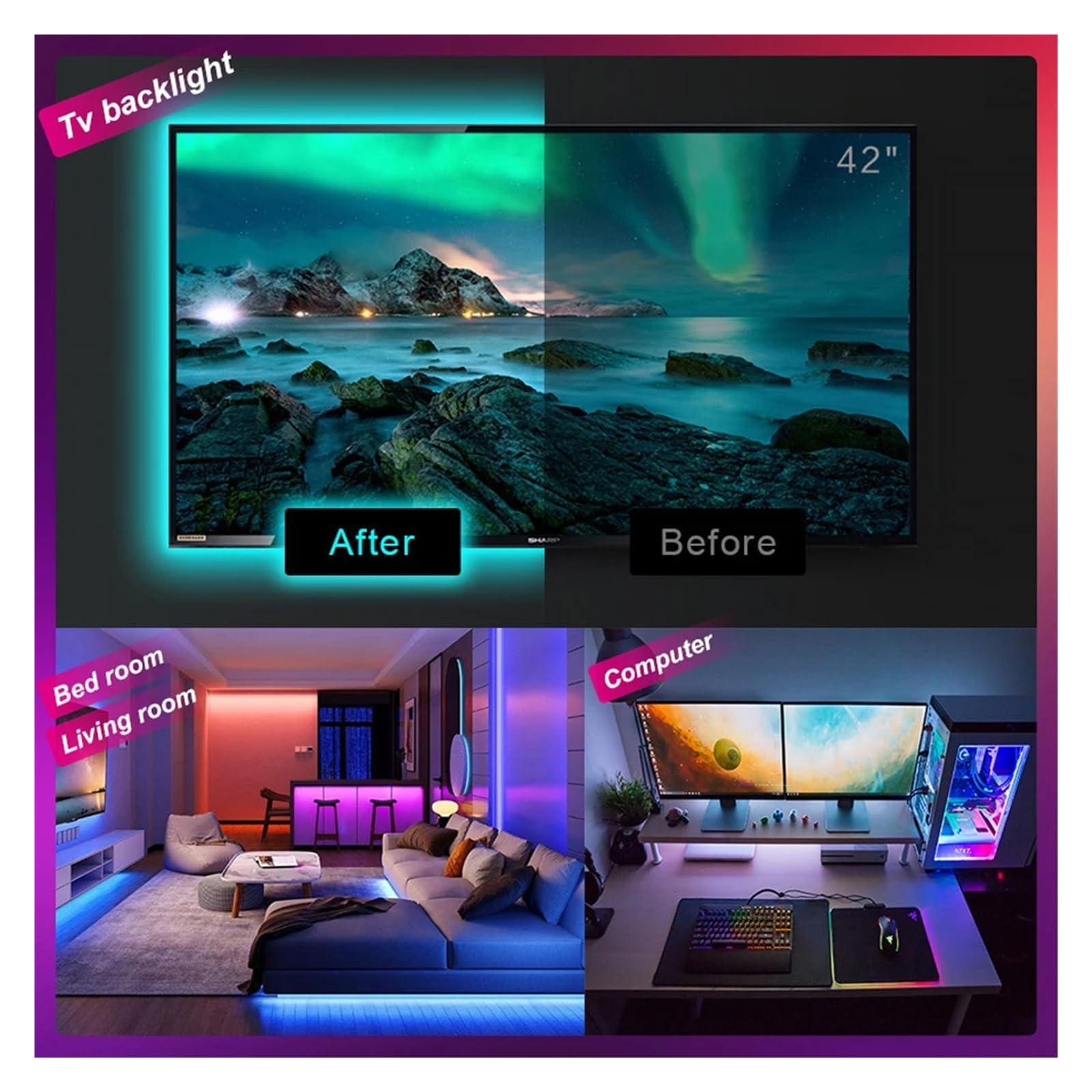 Tira de luces LED inteligente RGB 5050 con aplicación Homekit, Control por voz Siri, cinta de sincronización de música for decoración del hogar, sala de TV(2M KIT,5050RGB LED STRIP_NO WATER PROOF_EU)