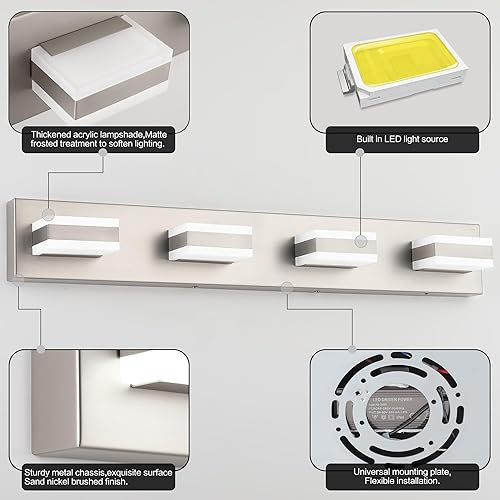 Miniatura 7 de SOLFART Luces de tocador de baño, lámparas de níquel cepillado para baño, sobre el espejo, 4 luces LED, accesorio de iluminación de baño níquel