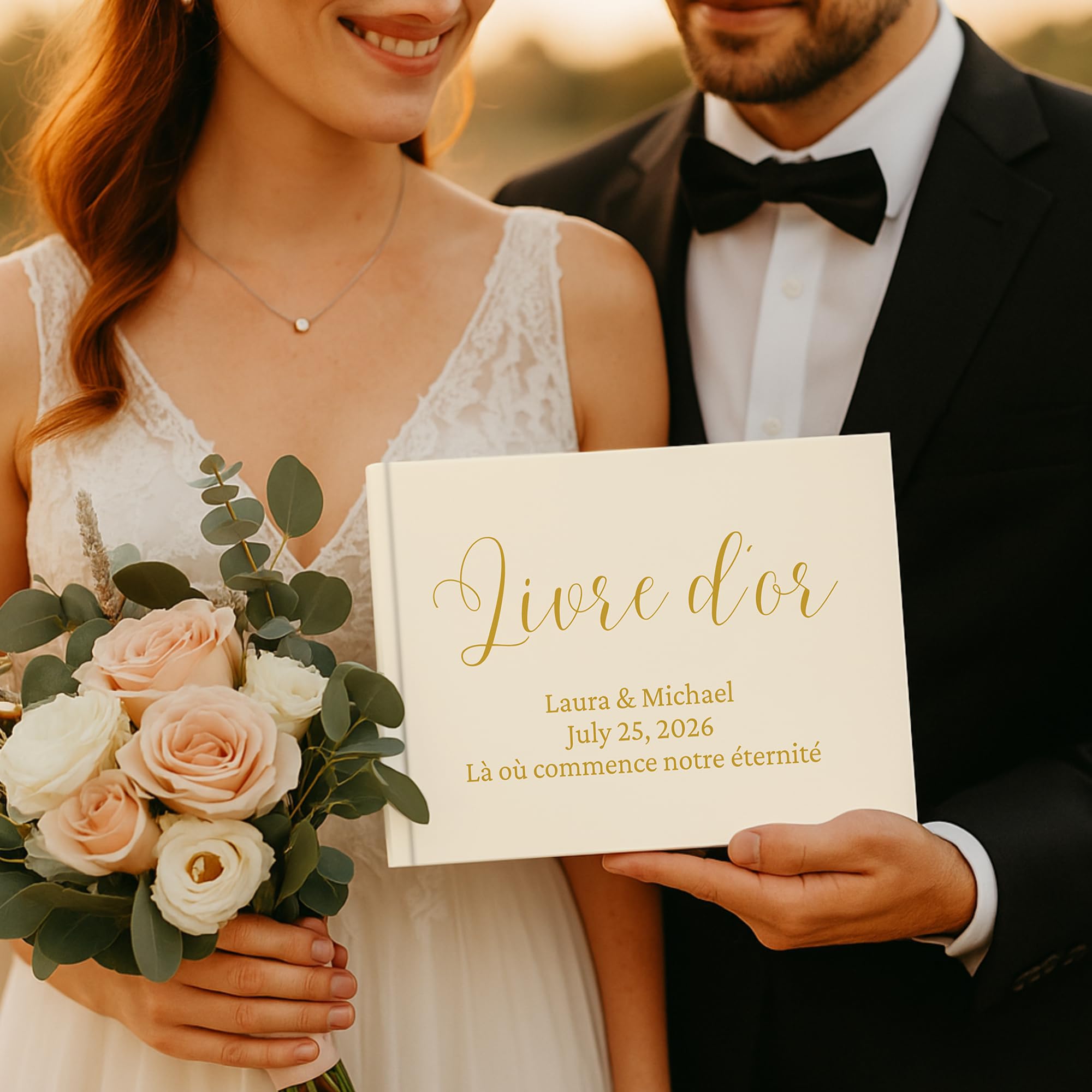 Livre d'or personnalisé - Livre d'or mariage personnalisable, anniversaire (crème)