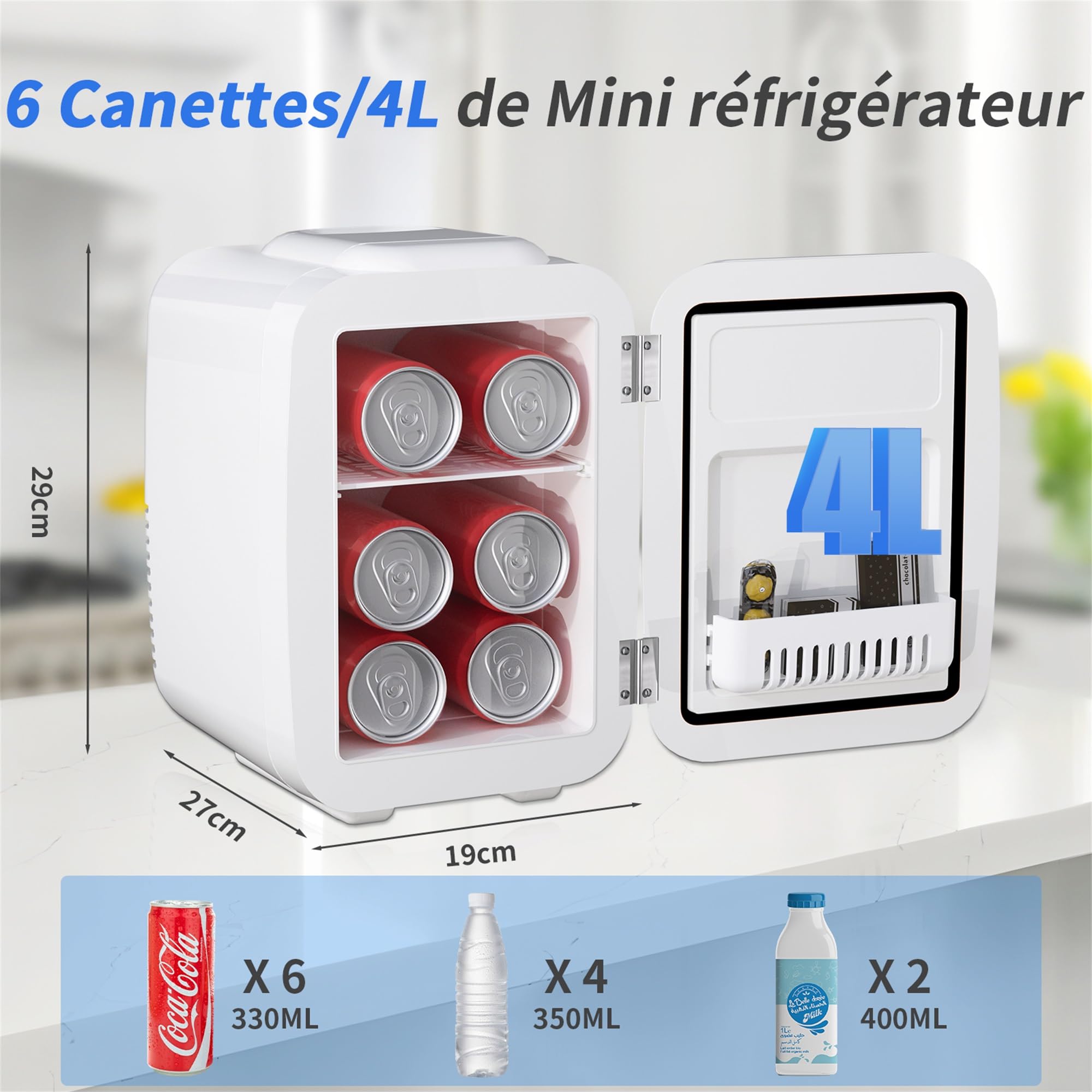 YASHE Mini Frigo de Chambre 4L/6 Canettes, Réfrigérateur Voiture 220V CA/12V CC, Petit Frigo Thermoélectrique Chaud/Froid, Blanc