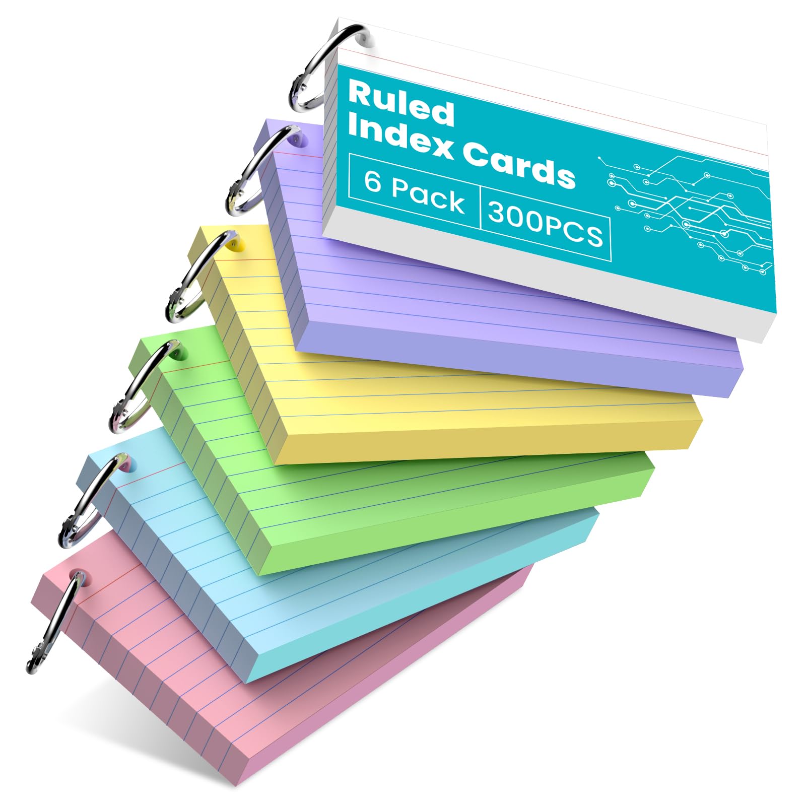 300 PCS Revision Cards 3x5(7.62x12.7CM) Flash Card, Index Cards 3x5, Colored Ruled Flashcards, Flash Cards Revision with 6 Metal Binder Ring, Record, Recipe Revision Cards for Office Home School — image 1