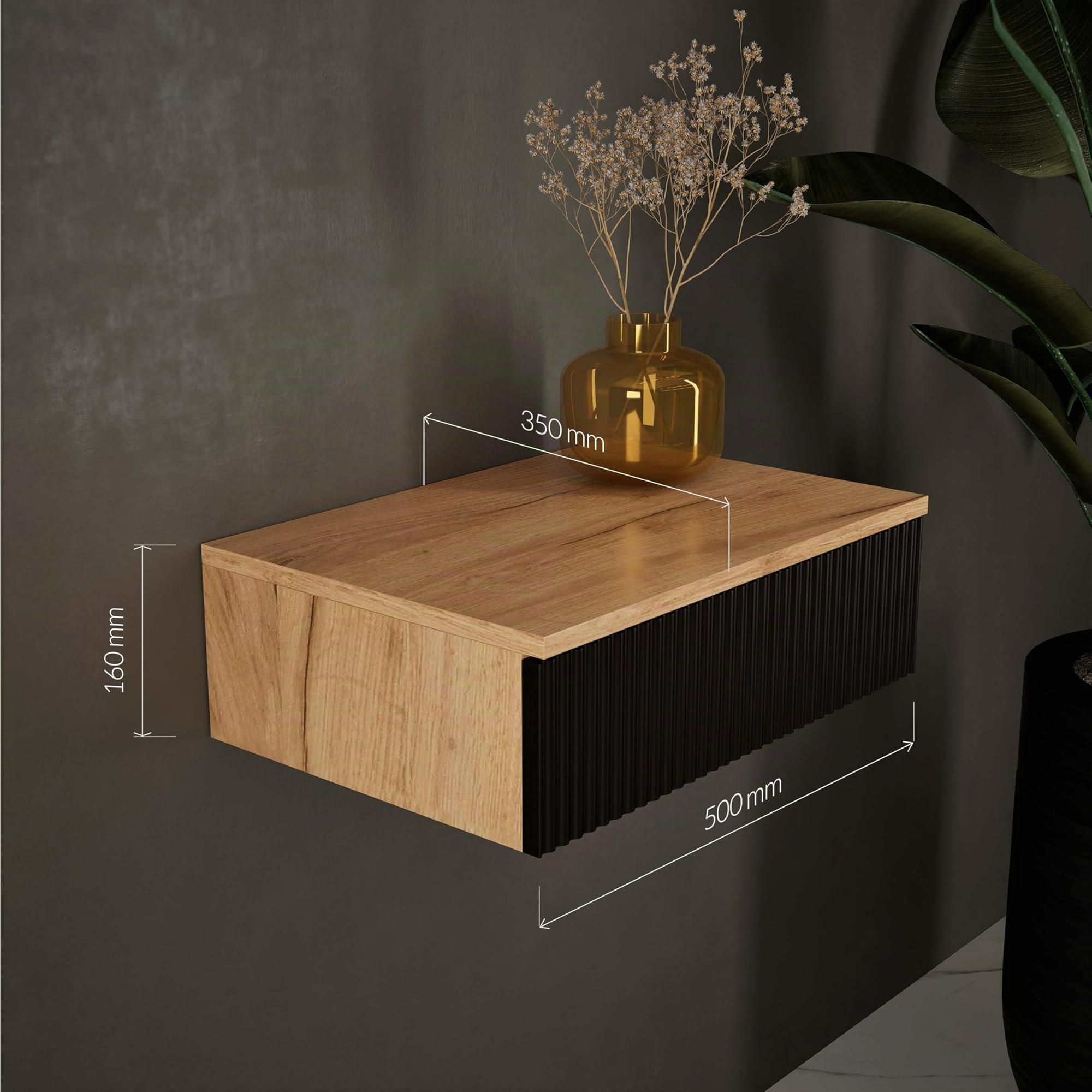 Planetmöbel Amyra - Consola estrecha con cajón, consola de pared para armario, pasillo y tocador, color dorado y negro, 50 x 16 x 35 cm