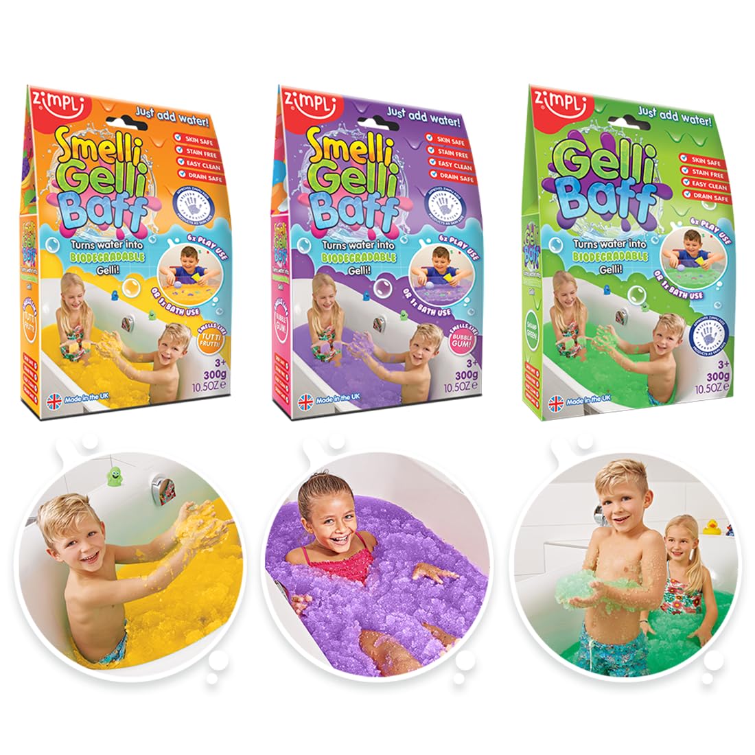 ZIMPLI - 3 x Gelli Baff Bundle, Tutti Frutti, Bubblegum & Green, Magically turns water into thick, colourful goo, Bath Toys, Great Fun, Certified Biodegradable