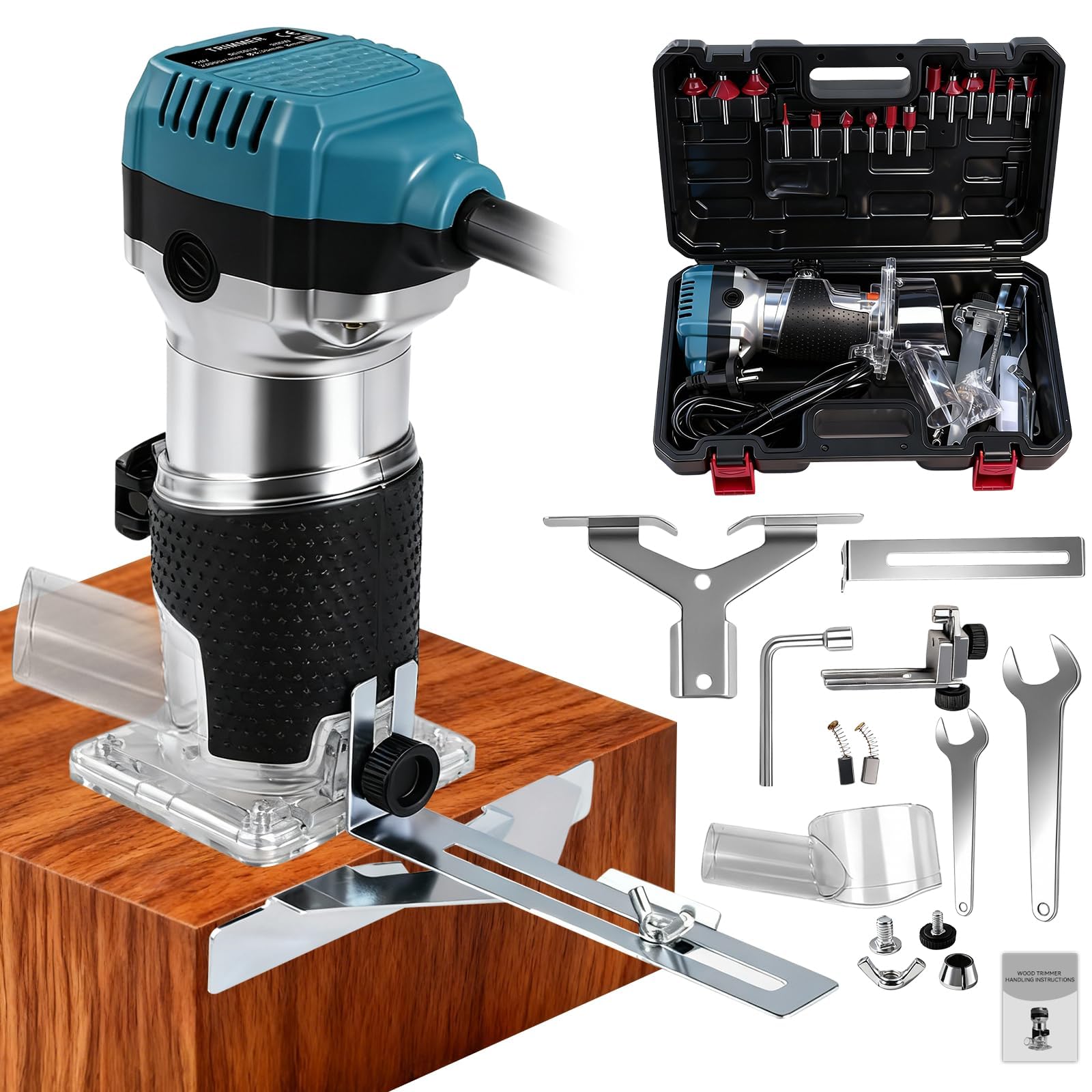Fresadora de Madera Rebajadora Eléctrica 1000W 5000-30000RPM, 6 Velocidades Variables, 16 Piezas Brocas de 1/4'', Pinza de Base Fija de 6.35/8MM, para la Bricolaje Talla de Recorte