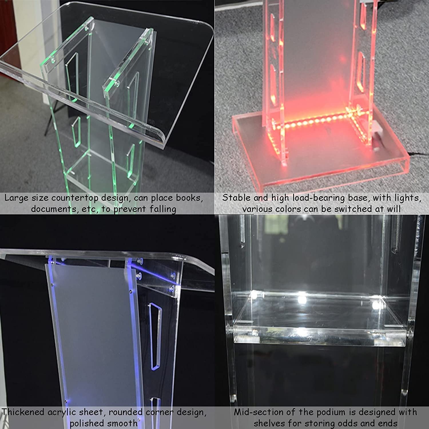 Transparenter Podiumständer mit 7-farbiger LED-Fernbedienung – Mehrzweck-Konferenzständer für Kirche, Schule und Veranstaltungen – ideal zum Lesen und Präsentieren