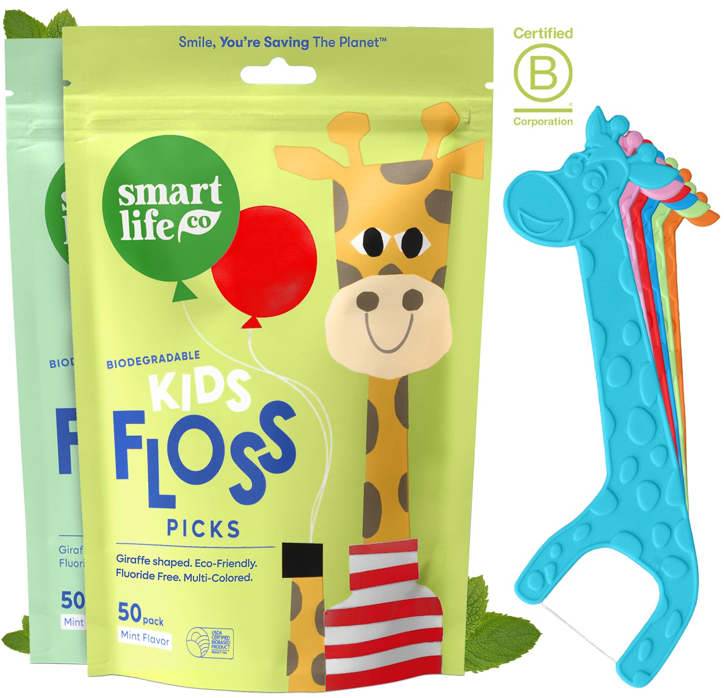 SmartLifeco Eco-Friendly Kids Flossers (100ct) - The Original Straw Wheat Dental Floss Picks for Children, Fluoride & PFA Free, Toothpick Flossing Sticks for Toddlers Teeth, No Shred Thread, Mint