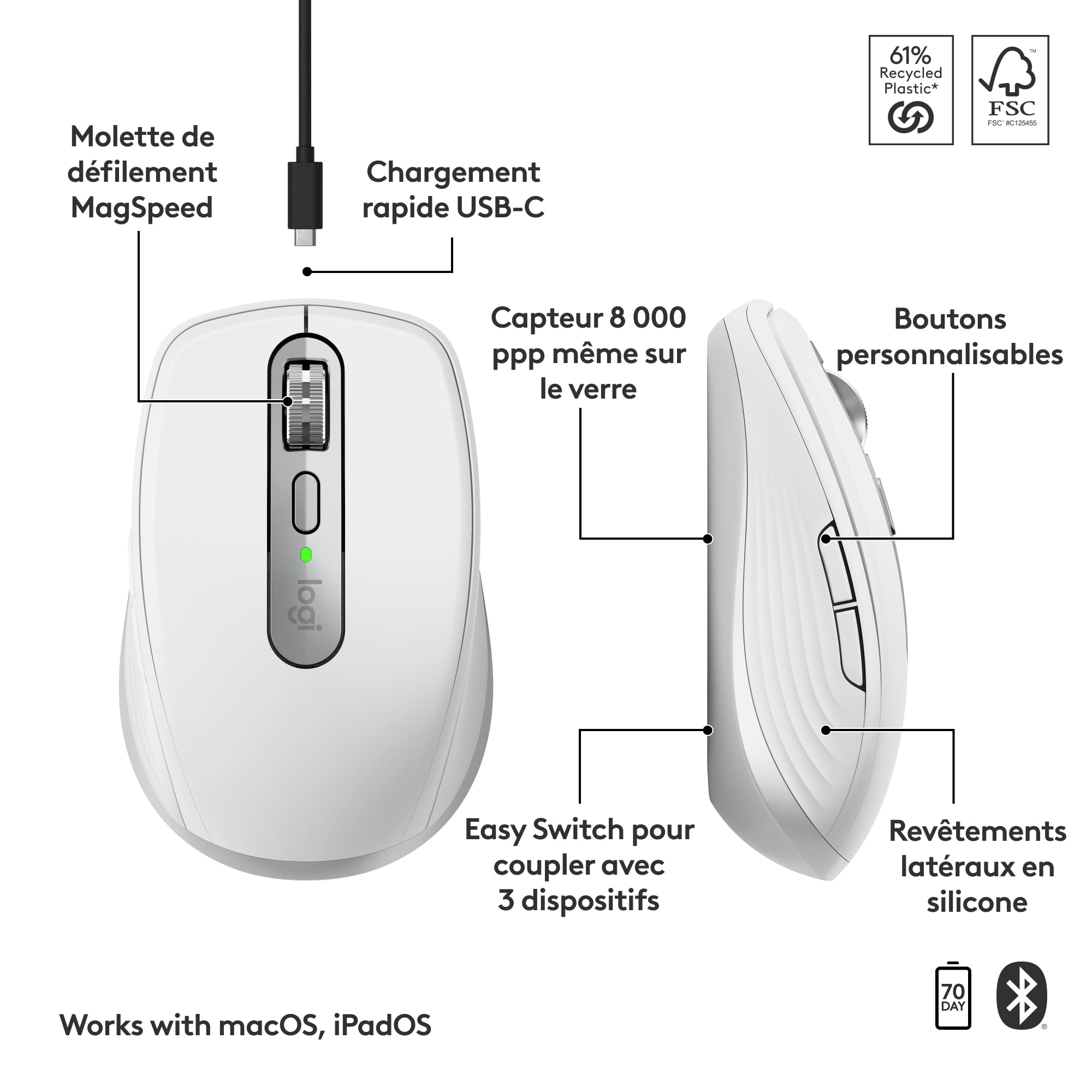 Logitech MX Anywhere 3S for Mac, souris Bluetooth compacte sans fil,