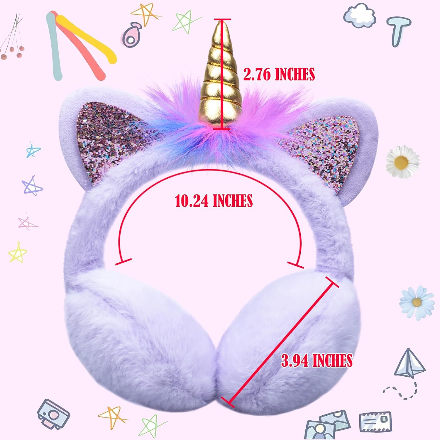 Ear Muffs Gloves Set for Kids Girls Adjustable Winter Sequin Faux Fur Windproof Warm Ear Warmer Outdoor