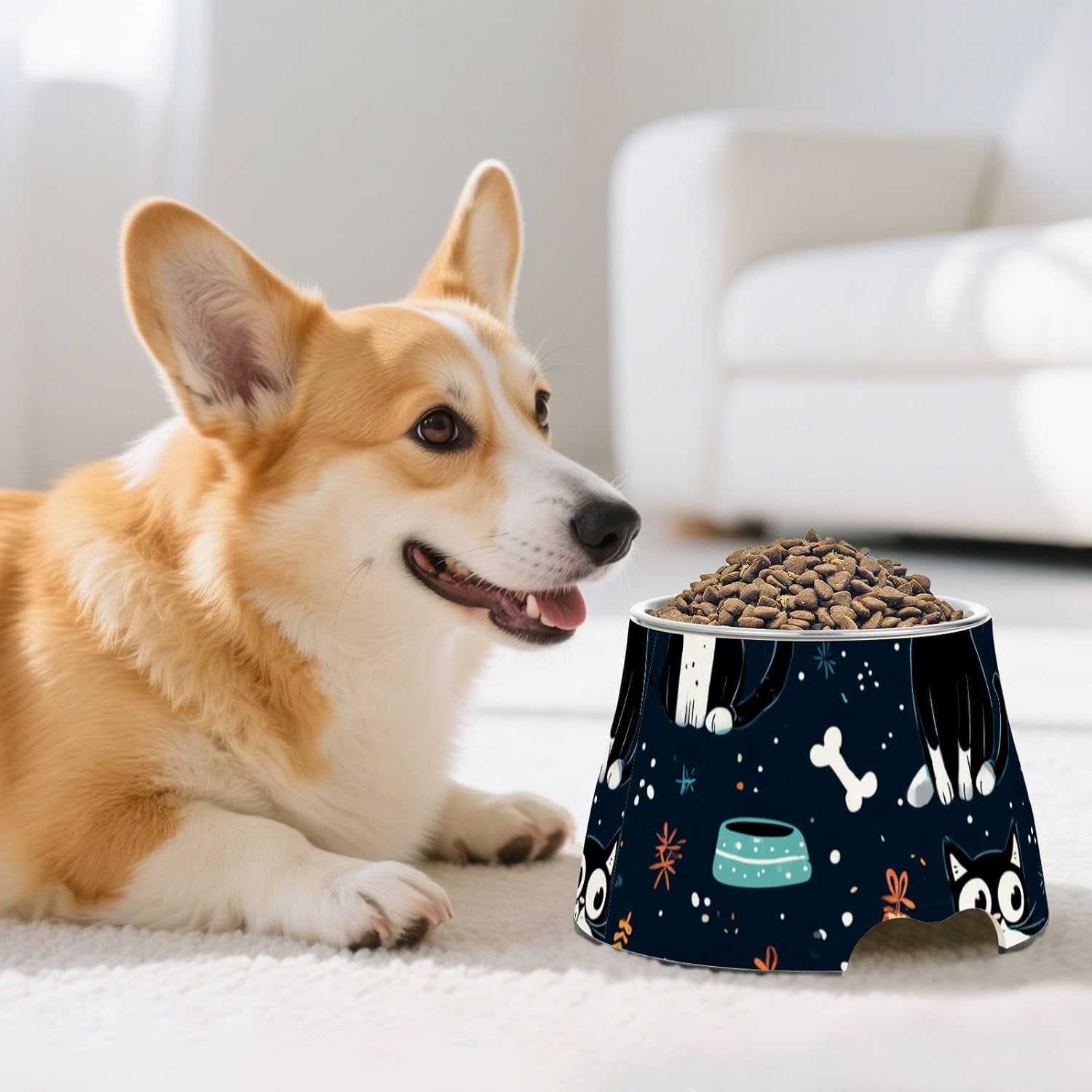 Cute Cartoon Mr Cat Blue Raised Pets Food Bowls Non Slip Stainless Steel Metal Pets Bowls for Slow Feed Cats Slow Down Eating platos para Perros