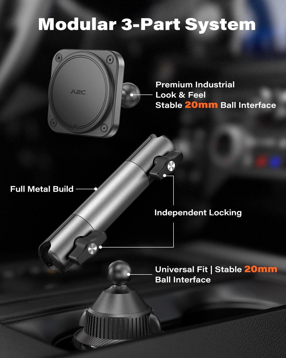 APPS2Car Supporto magnetico resistente per telefono cellulare | braccio in alluminio | magneti N55 a doppio anello | Adatto per portabicchieri da 3"-4", giunto sferico da 20 mm | Compatibile con